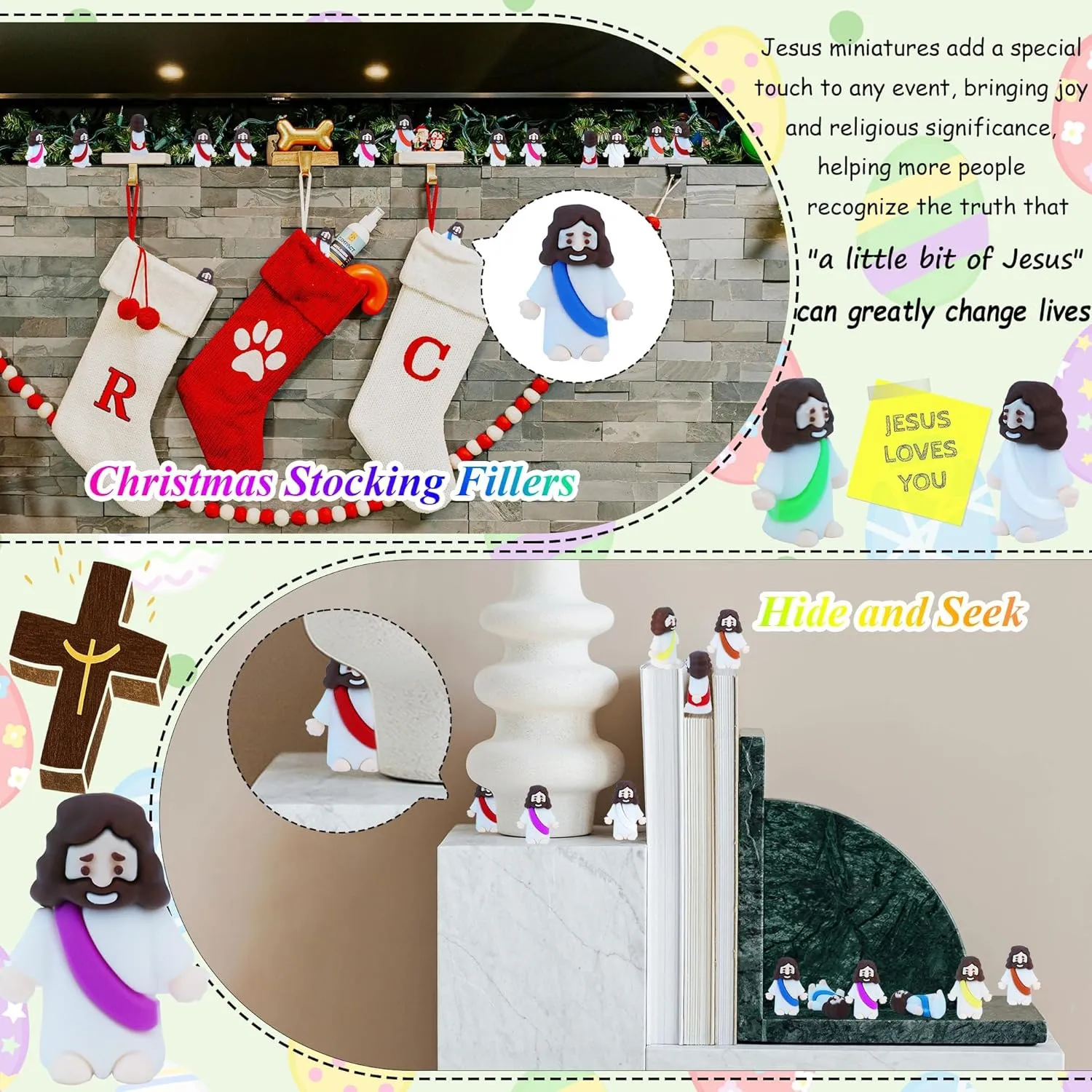 100 Pcs Little Jesus Figures Easter Mini Rubber Jesus Toys to Hide and Seek, Little Pocket Jesus Miniatures Religious Party Favors Baptism Gifts Sunday School Easter Egg Stuffers (10 Color*100)