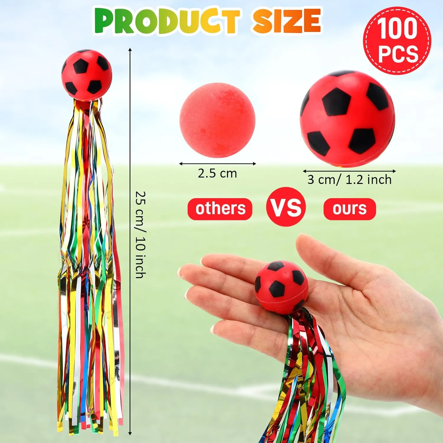 100 Pcs Soccer Comet Balls Bouncy Balls with Colorful Streamers 30 mm Sport Rubber Bounce Ball Bulk for Soccer Party Favor Goodie Bag Stuffers Classroom Prize Birthday Gift