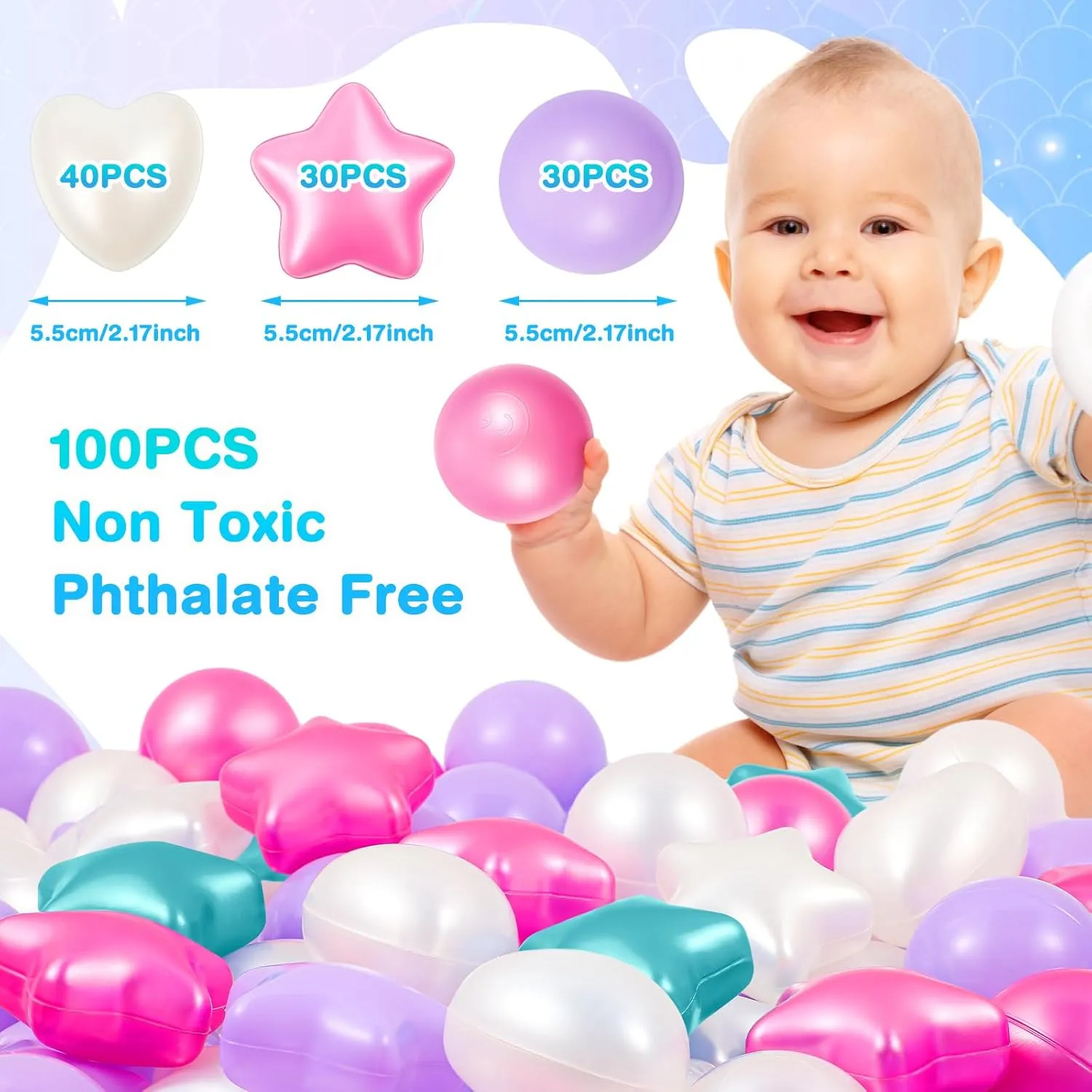 100 Pieces Plastic Ball Pit Balls for Kids Toddler 2.17'' Star Heart Shape Play Toy for Playpen Inflatable Pool Friendship Bracelet Birthday Banner T-Swift-Themed Party