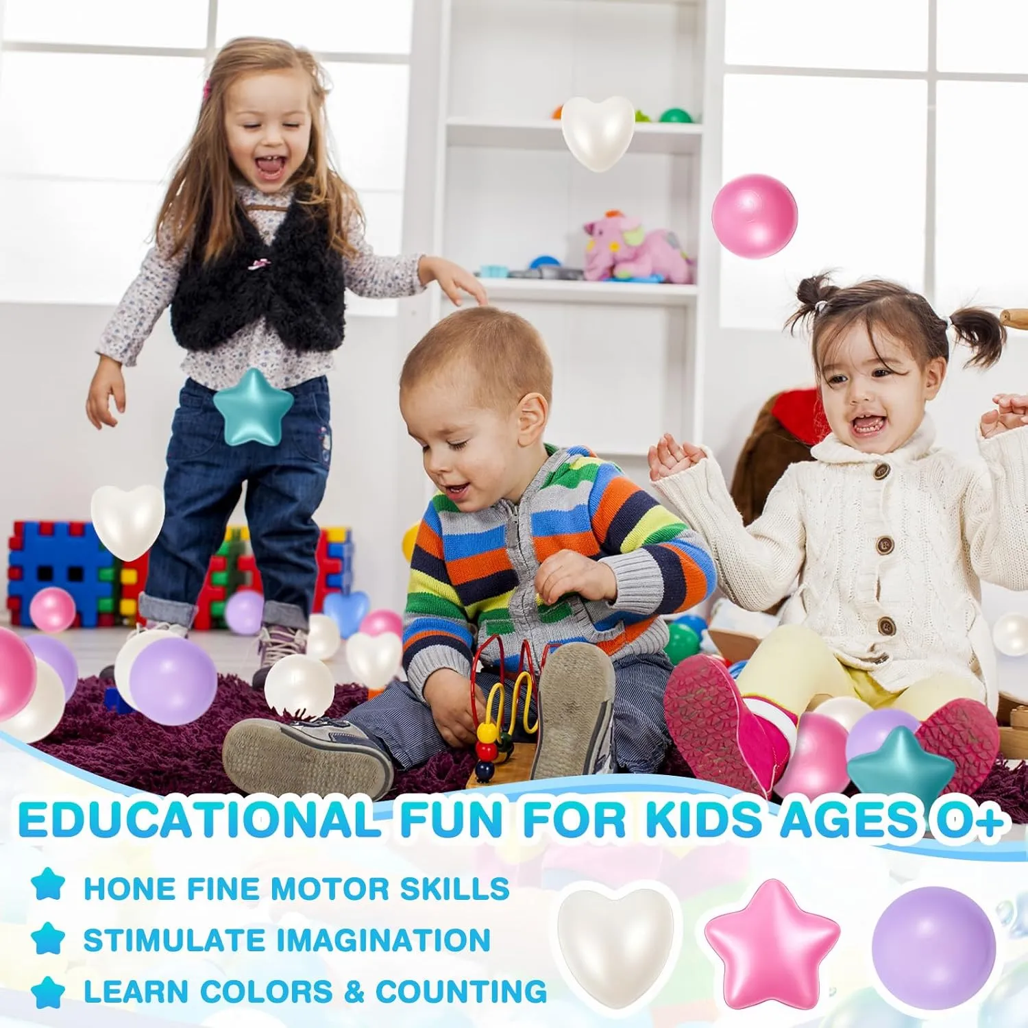 100 Pieces Plastic Ball Pit Balls for Kids Toddler 2.17'' Star Heart Shape Play Toy for Playpen Inflatable Pool Friendship Bracelet Birthday Banner T-Swift-Themed Party