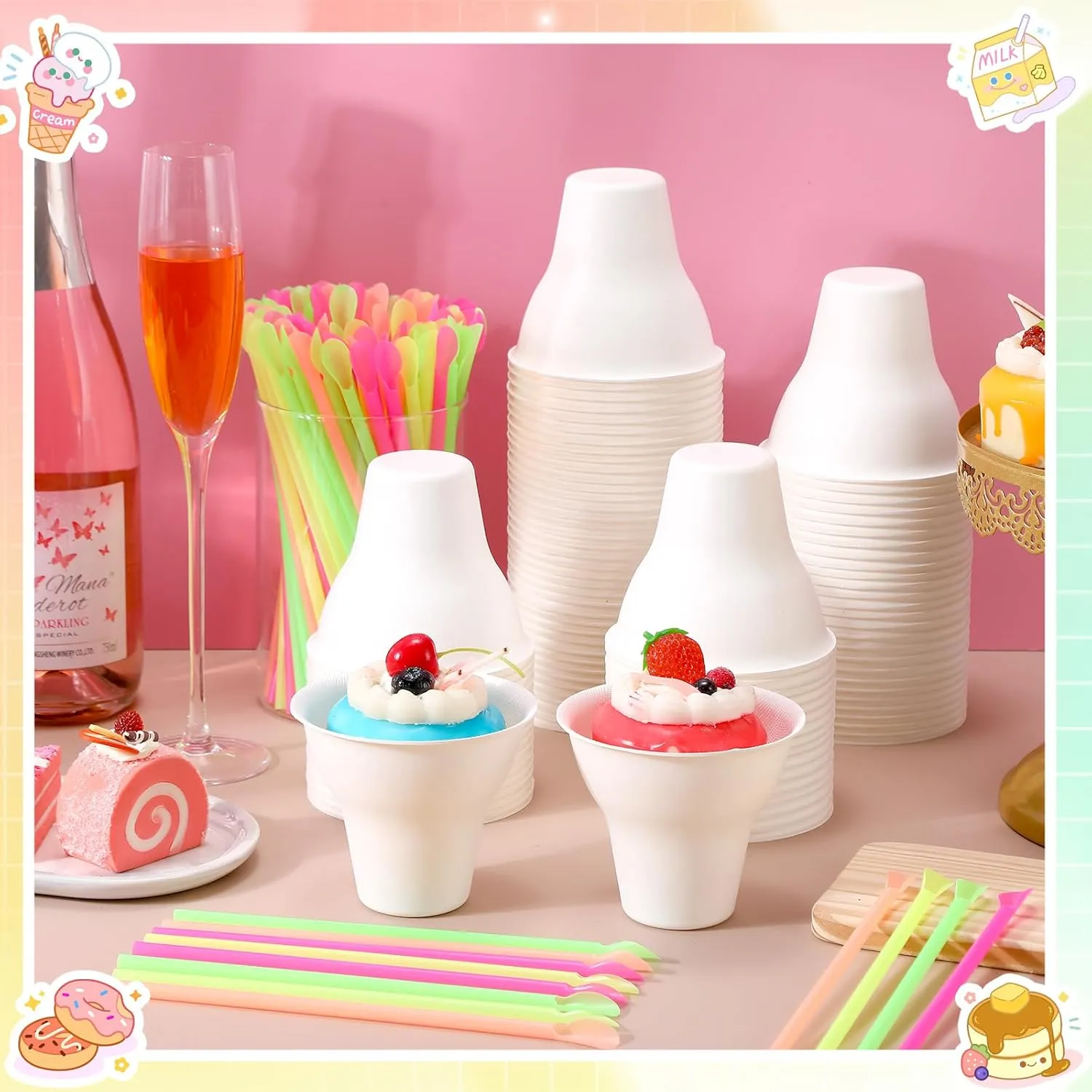 100 Set Snow Cone Cups and Straws Set 12 oz Colorful Shaved Ice Snow Straws Ice Cream Bowls Thicken Paper Cups for Wedding Birthday Party Food Holiday Summer Cookout