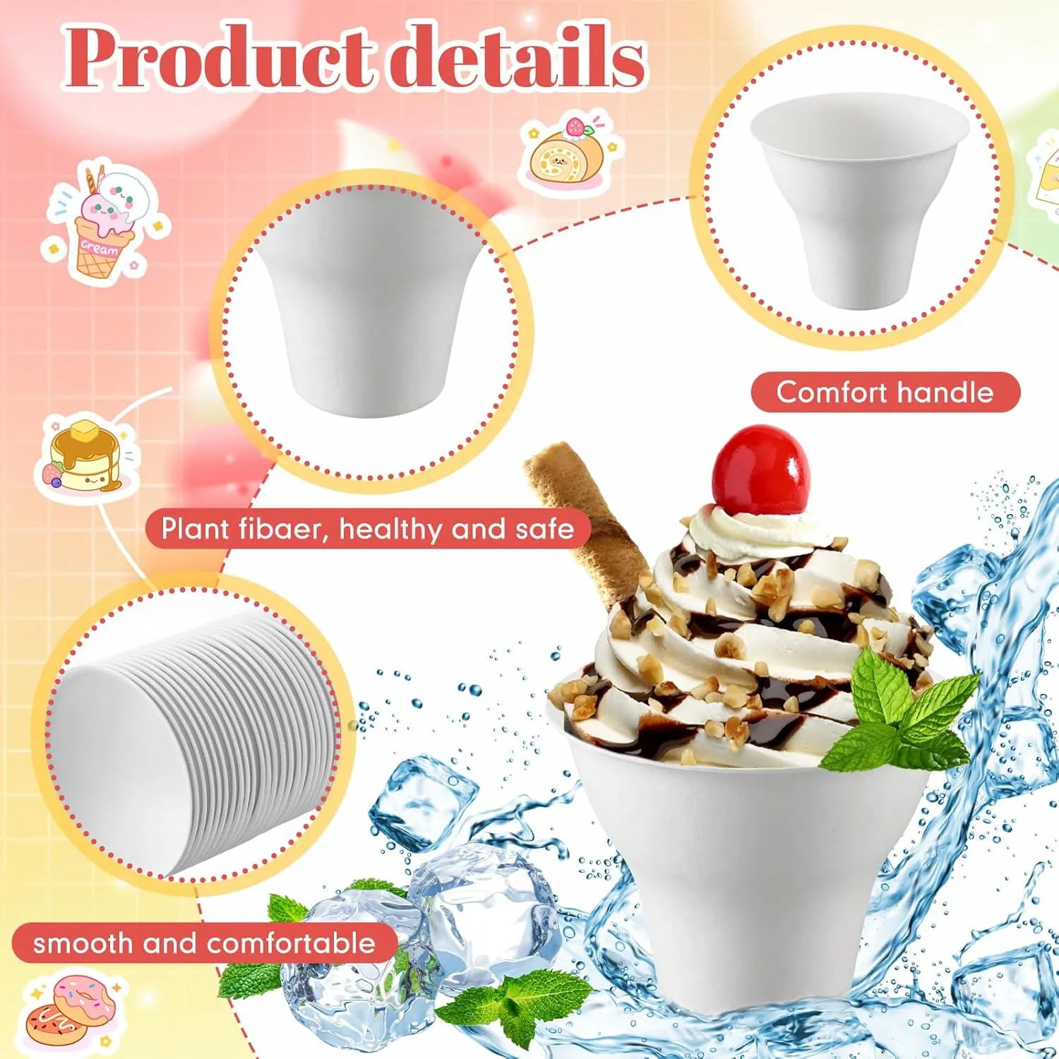 100 Set Snow Cone Cups and Straws Set 12 oz Colorful Shaved Ice Snow Straws Ice Cream Bowls Thicken Paper Cups for Wedding Birthday Party Food Holiday Summer Cookout