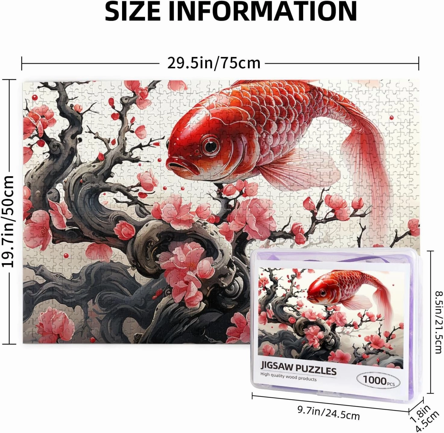 1000 Piece Jigsaw Puzzles for Adults Challenging Puzzle Wooden Picture Puzzle Personalized Custom Red Plum Fish Wood Puzzle for Family Game Nights Gifts 29.5x19.7 inches Puzzle