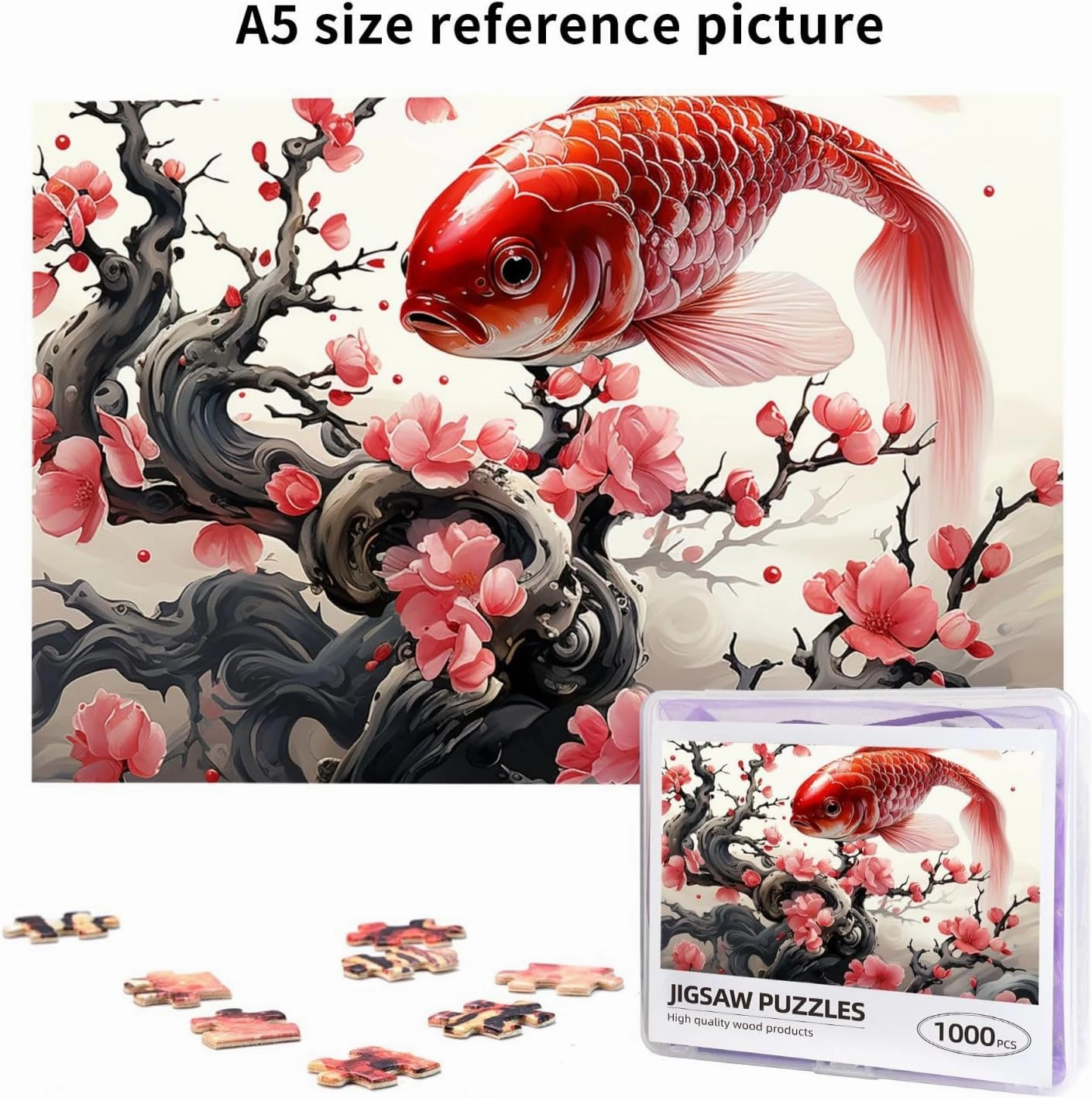 1000 Piece Jigsaw Puzzles for Adults Challenging Puzzle Wooden Picture Puzzle Personalized Custom Red Plum Fish Wood Puzzle for Family Game Nights Gifts 29.5x19.7 inches Puzzle
