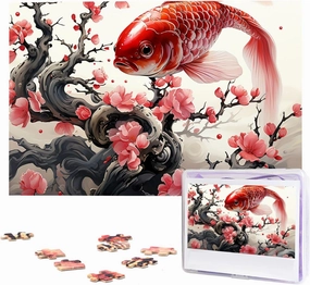 1000 Piece Jigsaw Puzzles for Adults Challenging Puzzle Wooden Picture Puzzle Personalized Custom Red Plum Fish Wood Puzzle for Family Game Nights Gifts 29.5x19.7 inches Puzzle