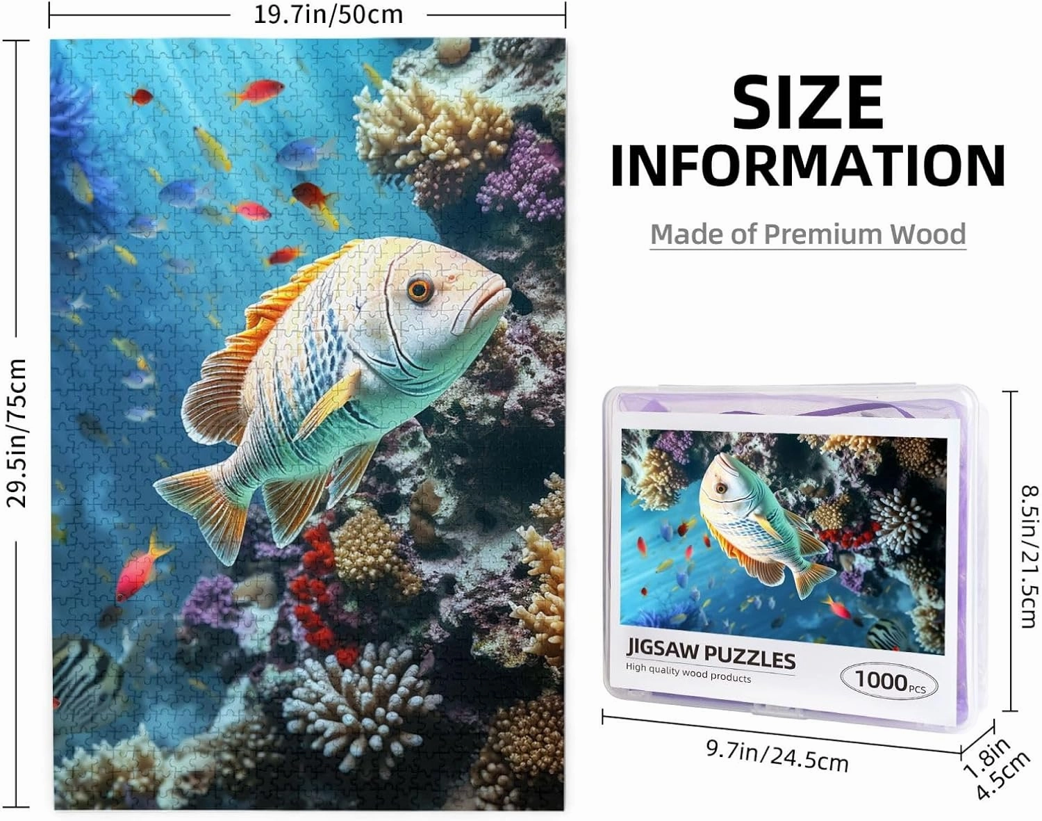 1000 Piece Jigsaw Puzzles for Adults Challenging Puzzle Wooden Picture Puzzle Personalized Custom Seabed Underwater Fish Wood Puzzle for Family Game Nights Gifts 29.5x19.7 inches Puzzle