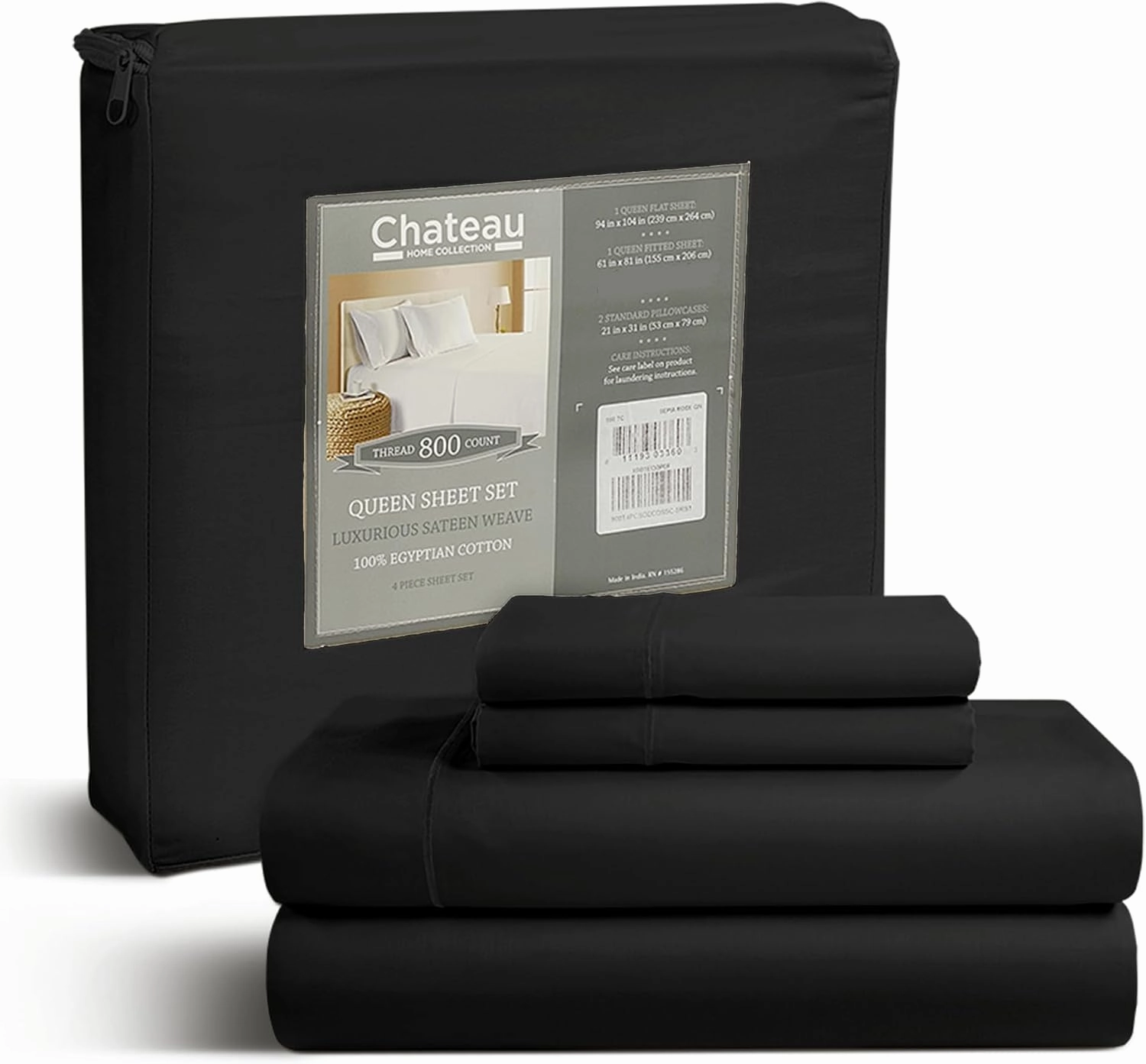100% Egyptian Cotton Sheets Queen Size Set, 800 TC Deep Pocket Queen Sheets Set, Soft Breathable Sateen Weave 4 PC Elasticated Sheet & Pillowcase Sets, No Pill & Shrink, Fade Resistant- Black