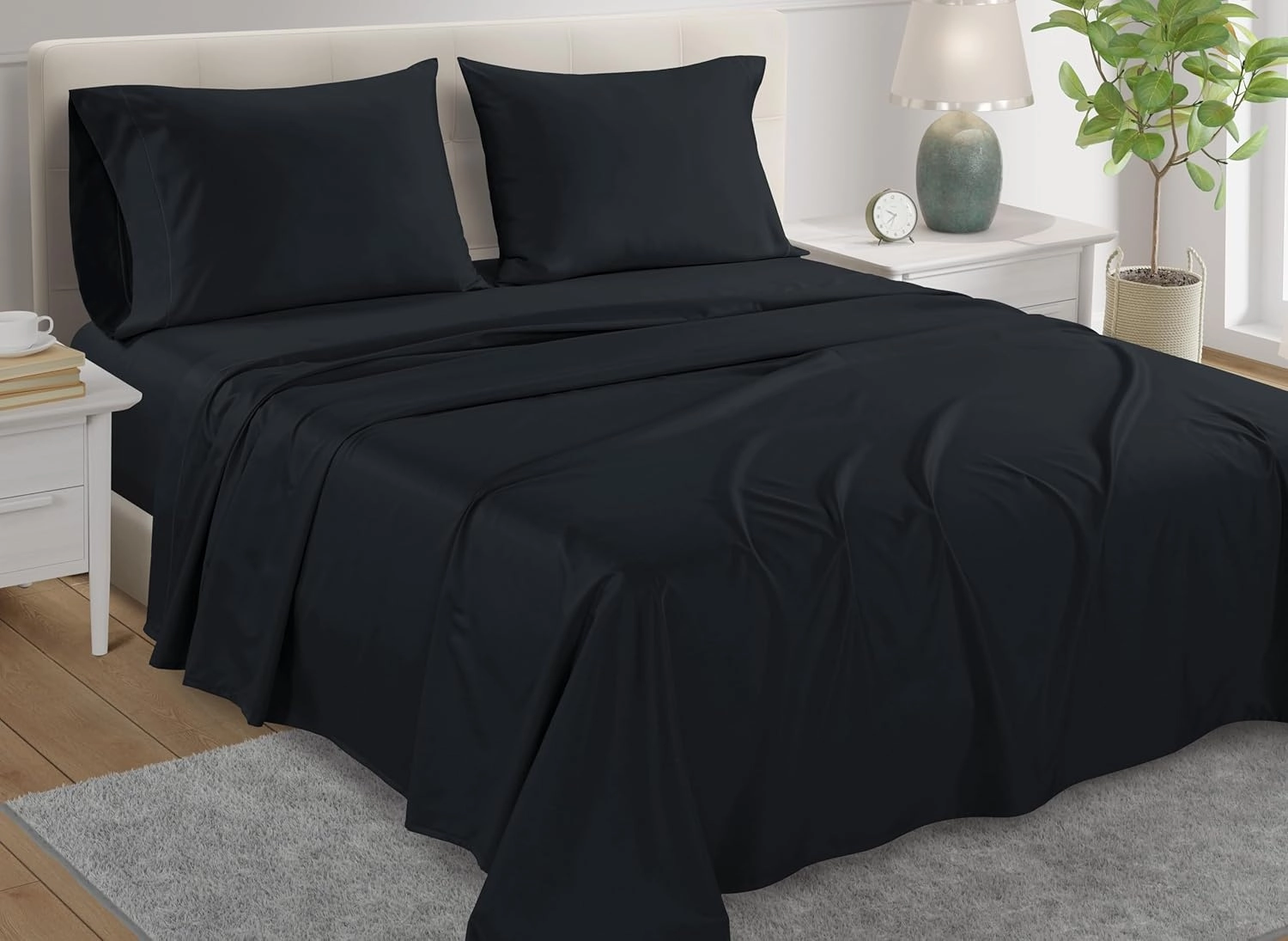 100% Egyptian Cotton Sheets Queen Size Set, 800 TC Deep Pocket Queen Sheets Set, Soft Breathable Sateen Weave 4 PC Elasticated Sheet & Pillowcase Sets, No Pill & Shrink, Fade Resistant- Black