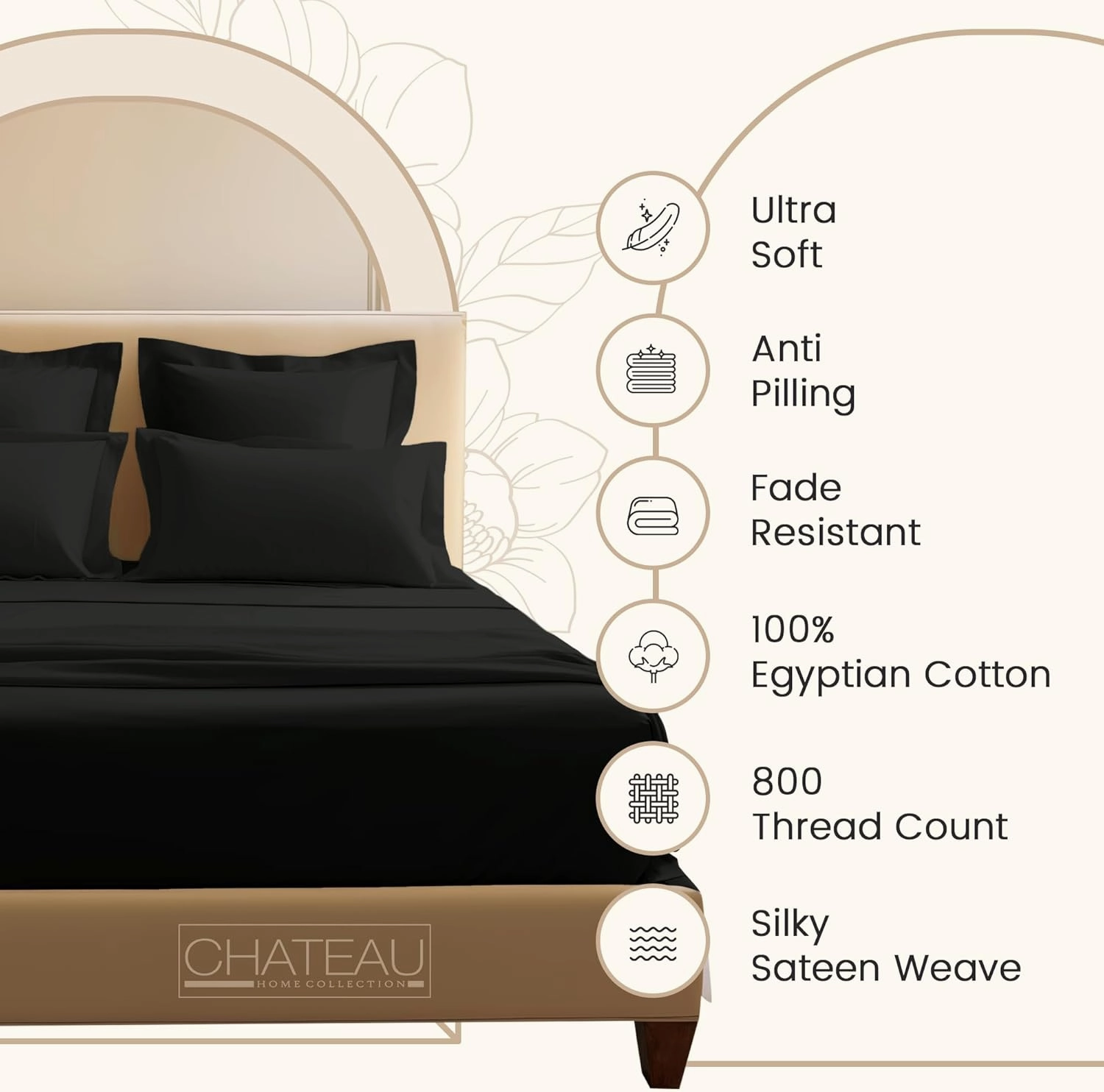 100% Egyptian Cotton Sheets Queen Size Set, 800 TC Deep Pocket Queen Sheets Set, Soft Breathable Sateen Weave 4 PC Elasticated Sheet & Pillowcase Sets, No Pill & Shrink, Fade Resistant- Black