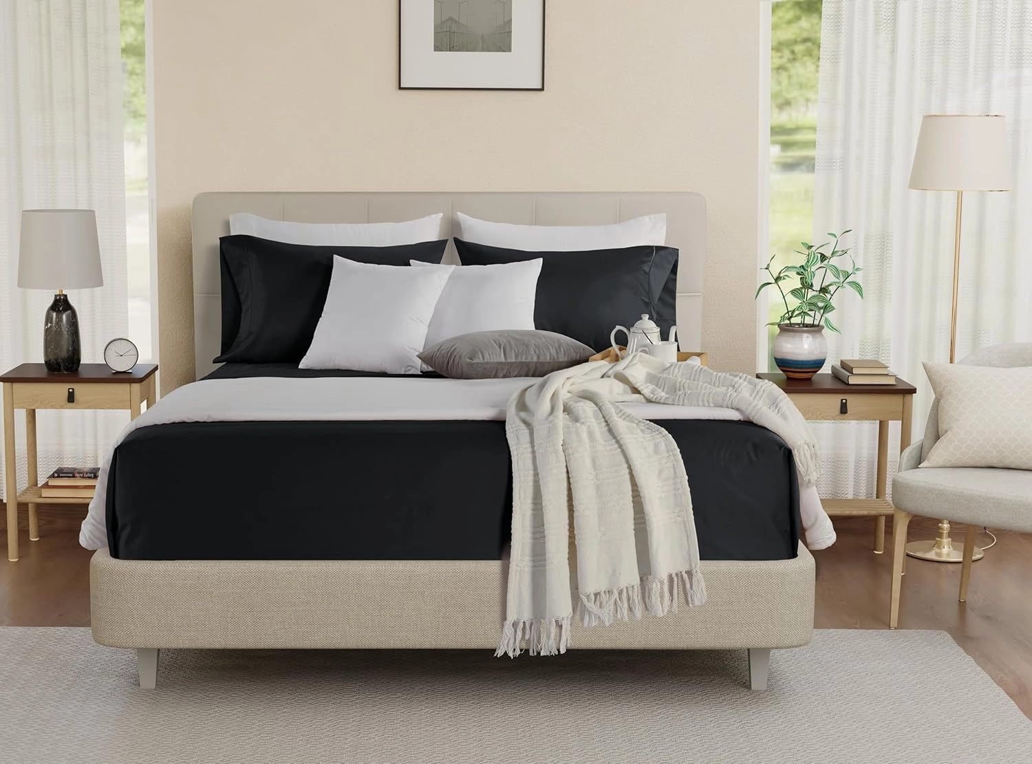 100% Egyptian Cotton Sheets Queen Size Set, 800 TC Deep Pocket Queen Sheets Set, Soft Breathable Sateen Weave 4 PC Elasticated Sheet & Pillowcase Sets, No Pill & Shrink, Fade Resistant- Black