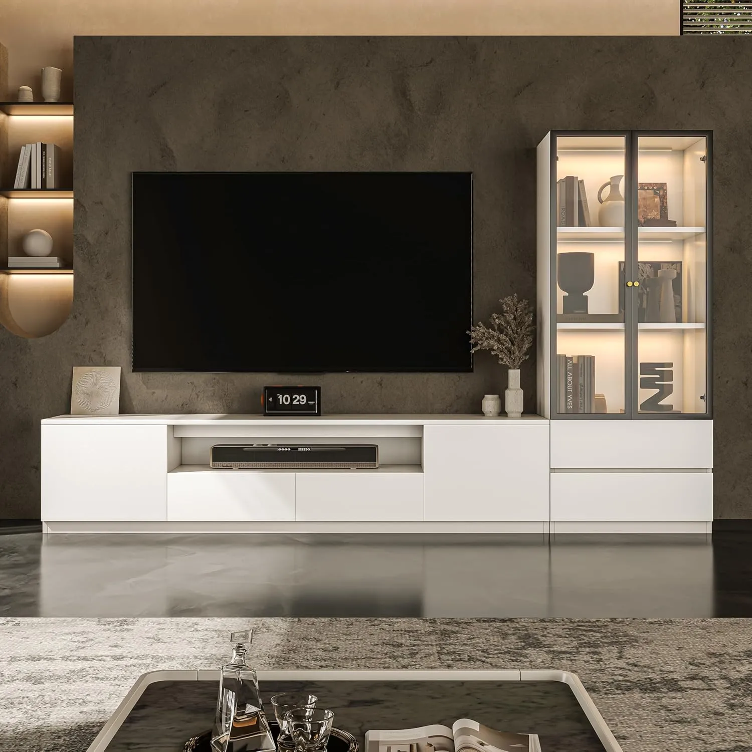 102'' Modern TV Stand with Glass Display Cabinet, 2-Piece Entertainment Center Set for Living Room, LED Light Storage Cabinets and Drawers for TVs up to 75''