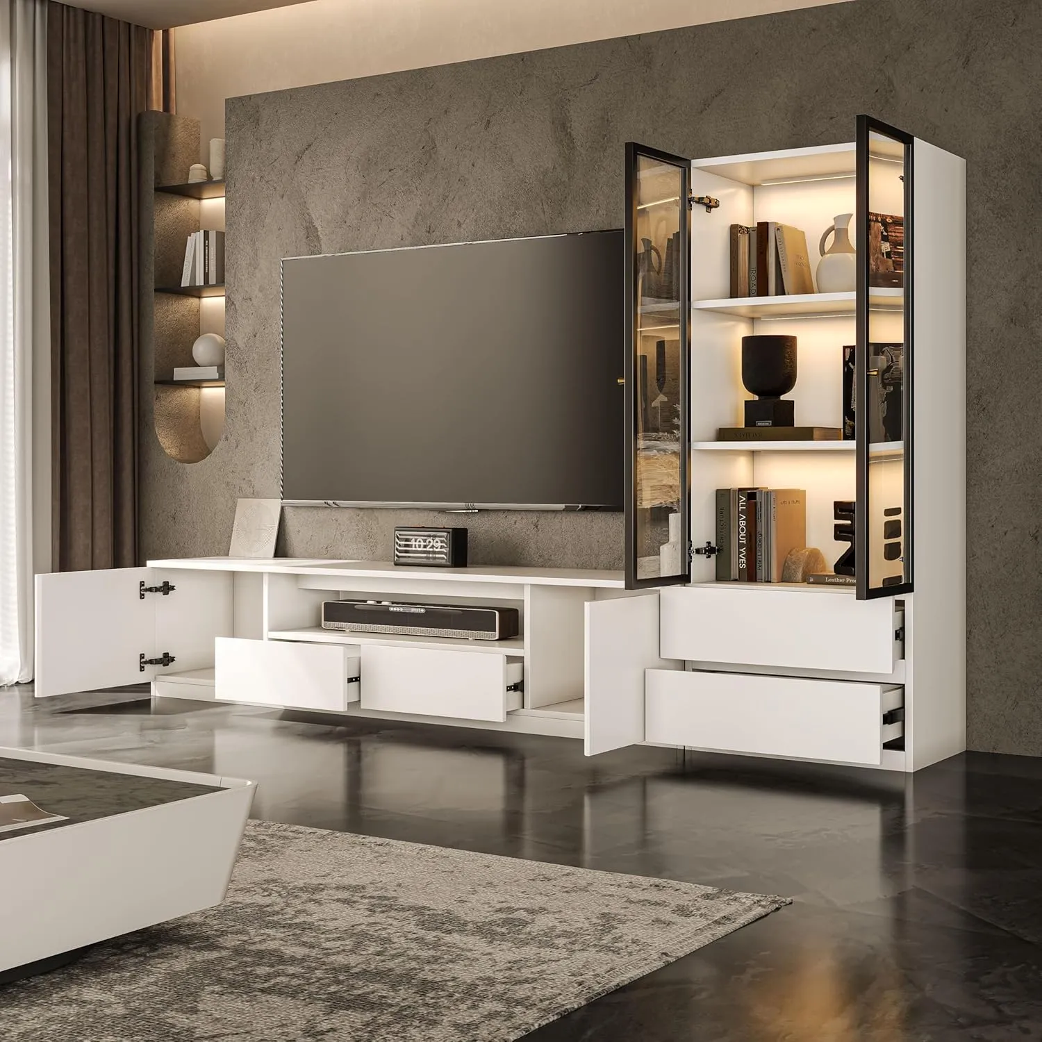 102'' Modern TV Stand with Glass Display Cabinet, 2-Piece Entertainment Center Set for Living Room, LED Light Storage Cabinets and Drawers for TVs up to 75''