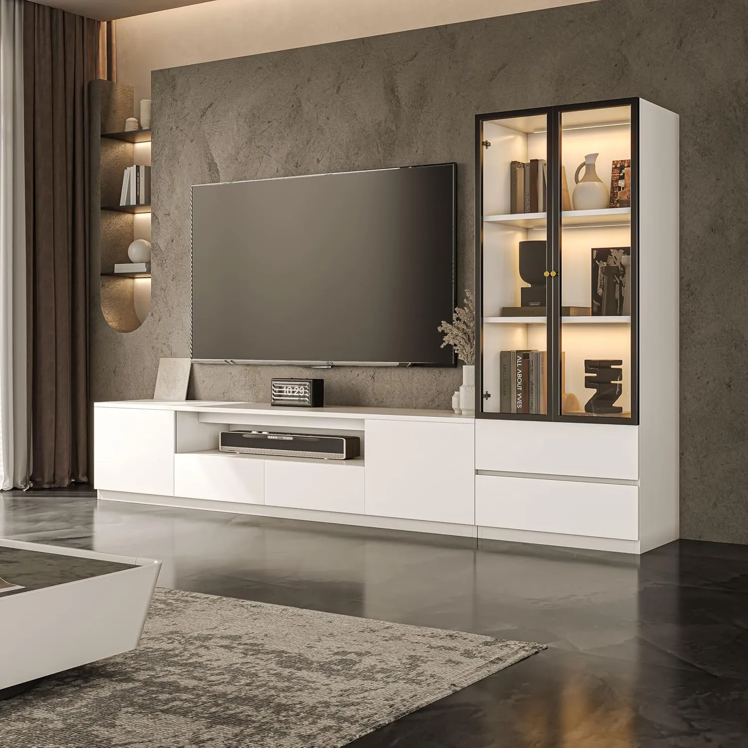 102'' Modern TV Stand with Glass Display Cabinet, 2-Piece Entertainment Center Set for Living Room, LED Light Storage Cabinets and Drawers for TVs up to 75''