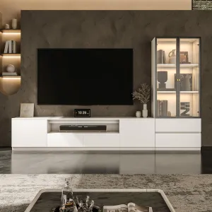 102'' Modern TV Stand with Glass Display Cabinet, 2-Piece Entertainment Center Set for Living Room, LED Light Storage Cabinets and Drawers for TVs up to 75''