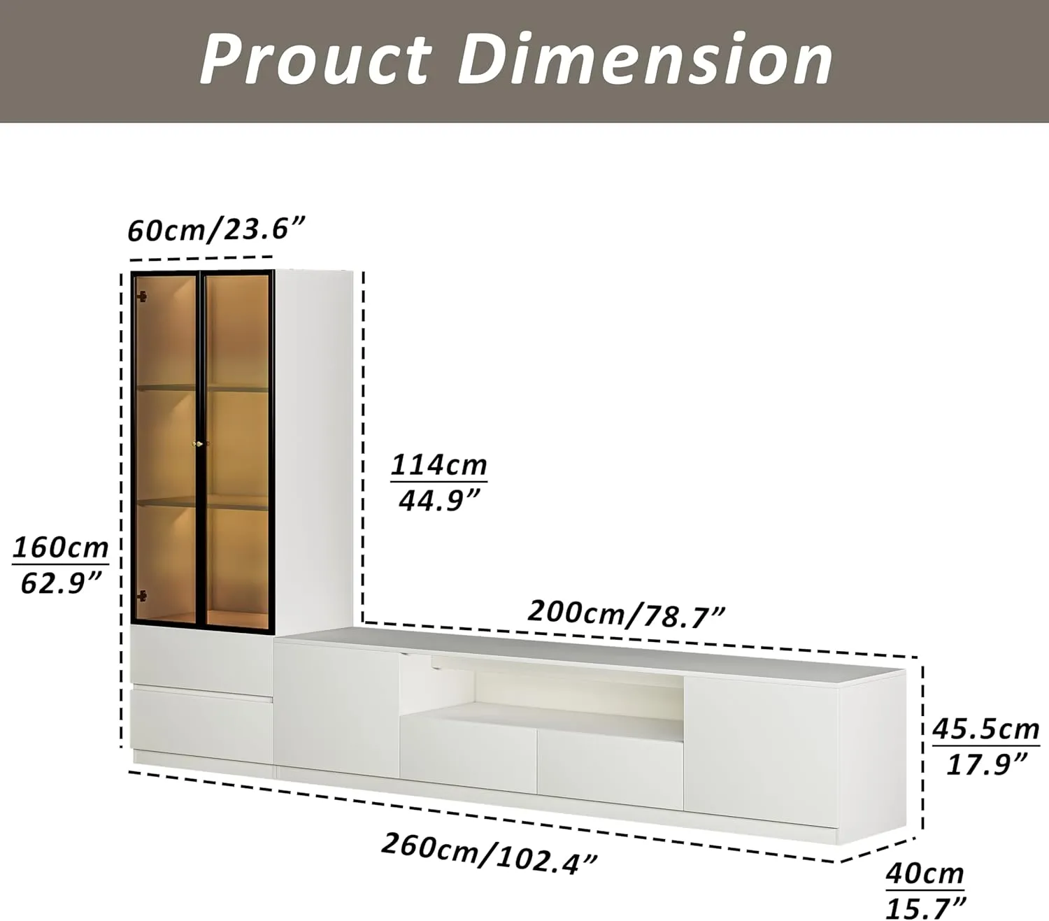 102'' Modern TV Stand with Glass Display Cabinet, 2-Piece Entertainment Center Set for Living Room, LED Light Storage Cabinets and Drawers for TVs up to 75''