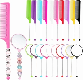 10 Pack Beadable Combs DIY with 10 Pack Beadable Handheld Mirrors Set Plastic Rat Tail Hand Handle for Crafts Portable Cute Travel Makeup Mirror Round, Colorful