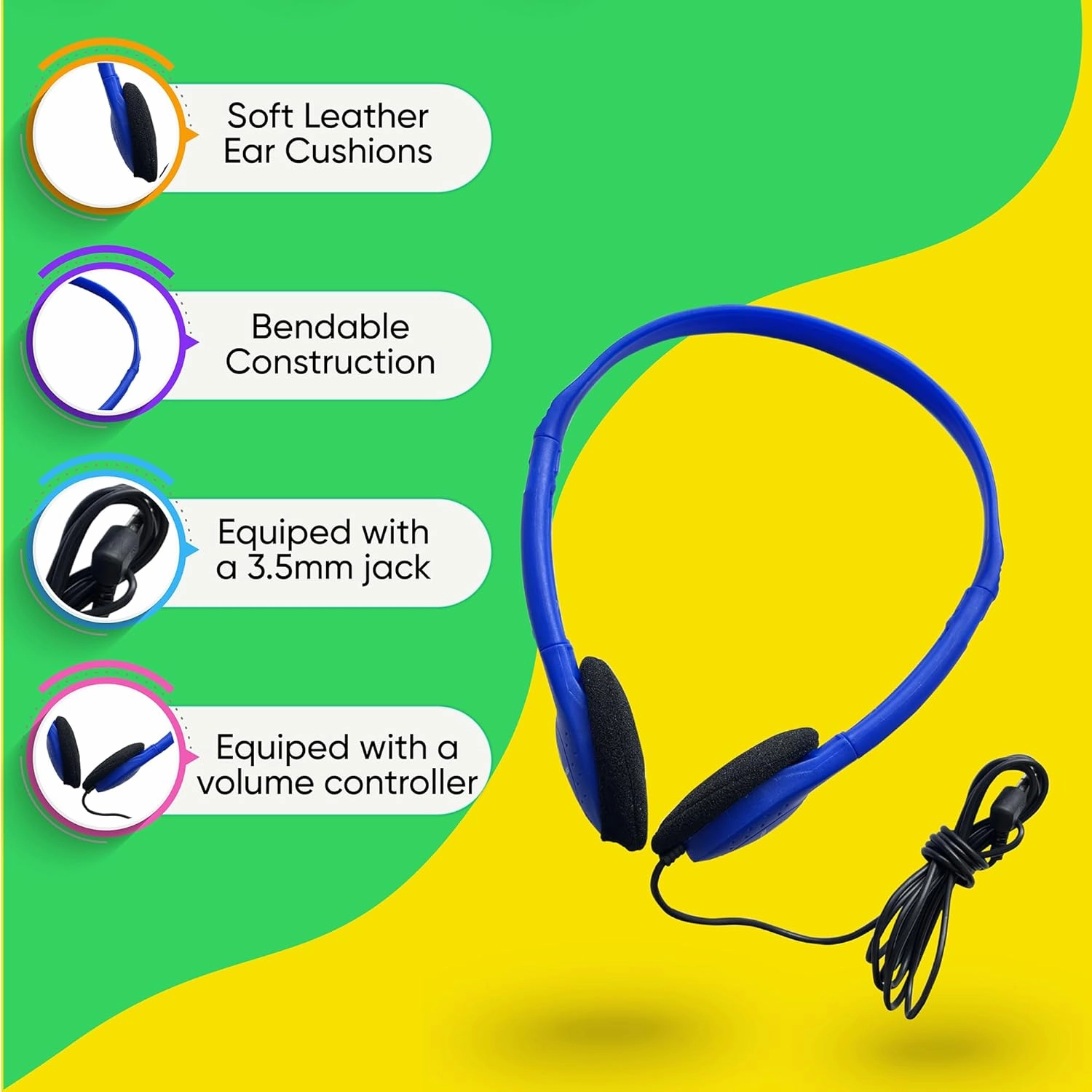 10 Pack Bulk Wired Headphones, On Ear with 3.5mm Jack, 4ft Tangle Free Cable, Comfortable Fit, Affordable and Cost Effective, Ideal for School Classroom Testing Students Events Groups, Mix