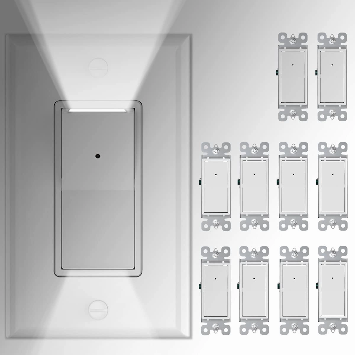 10 Pack SOZULAMP 3 Way Wall Light Switch with LED Night Light 15Amp 120/277Volt Rocker White Switch, Automatic On/Off Sensor