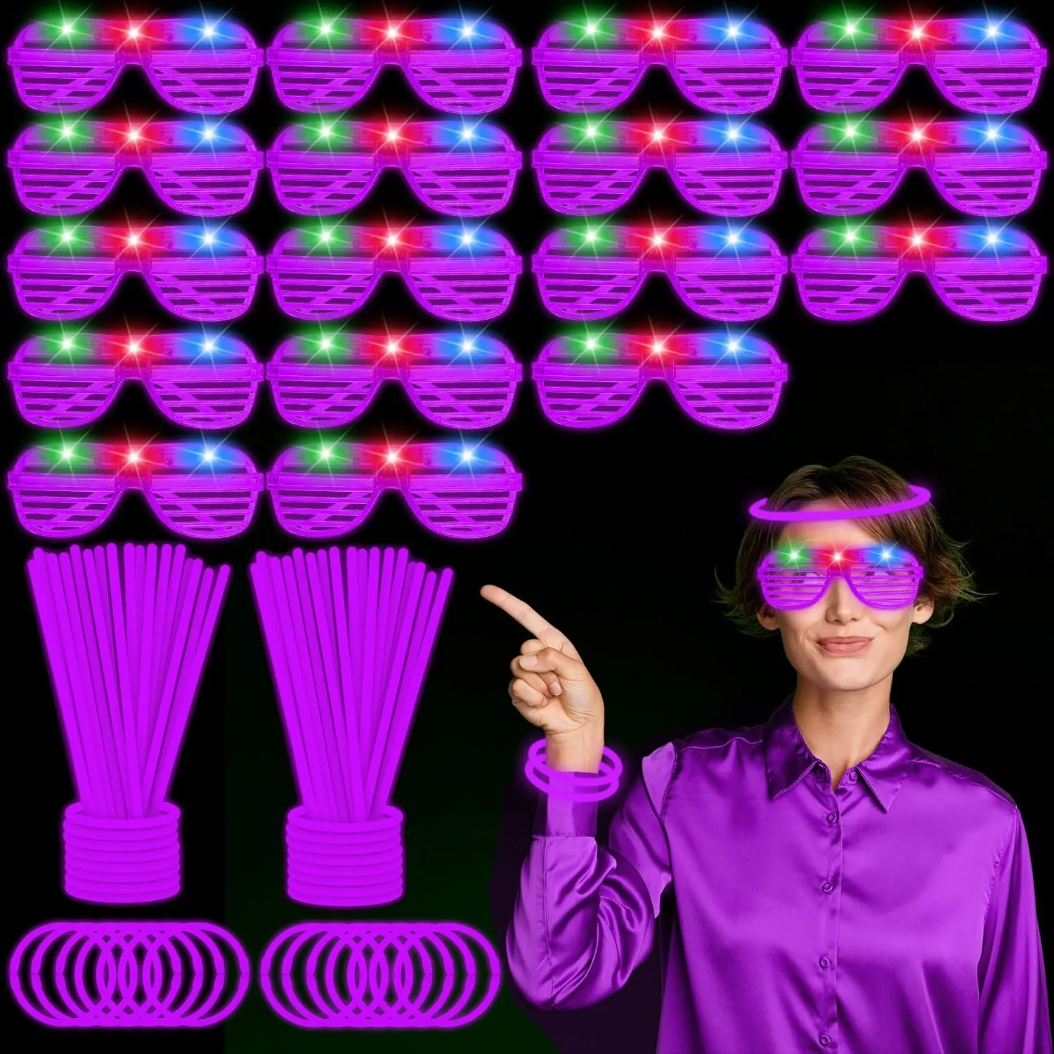 115 PCS Glow in the Dark Party Supplies,100PCS Purple Glow Stick Necklaces Bracelets Bulk,15PCS LED Glasses,LED Light Up Toy for Easter Mother's Day July 4th Valentine's Day Wedding