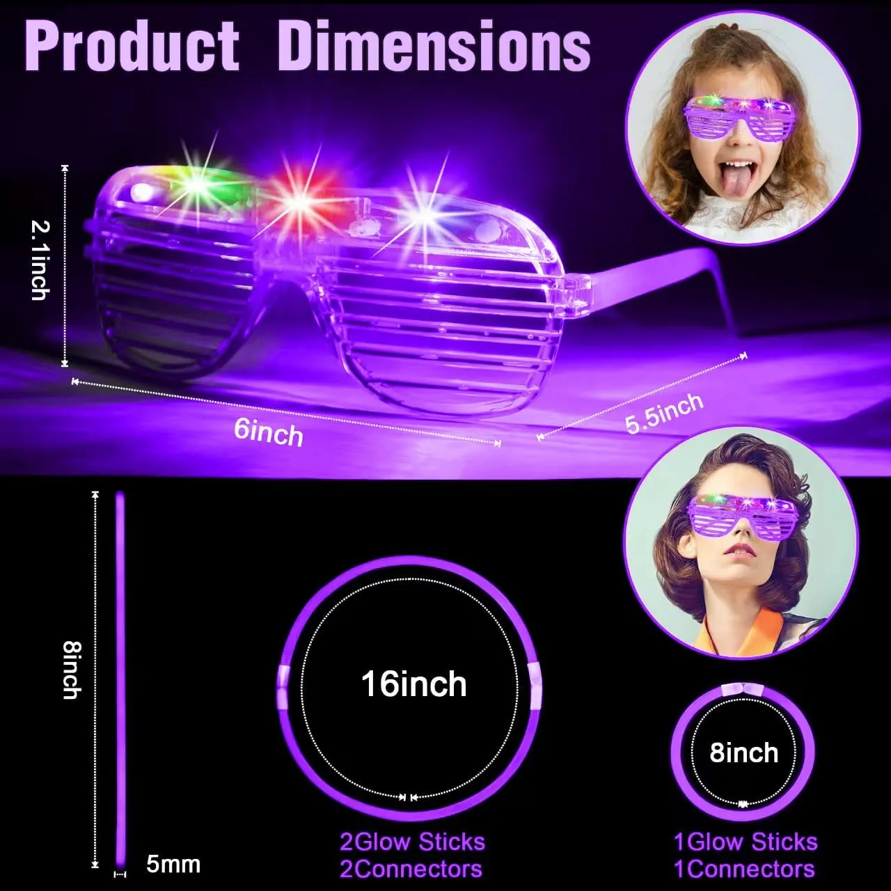 115 PCS Glow in the Dark Party Supplies,100PCS Purple Glow Stick Necklaces Bracelets Bulk,15PCS LED Glasses,LED Light Up Toy for Easter Mother's Day July 4th Valentine's Day Wedding