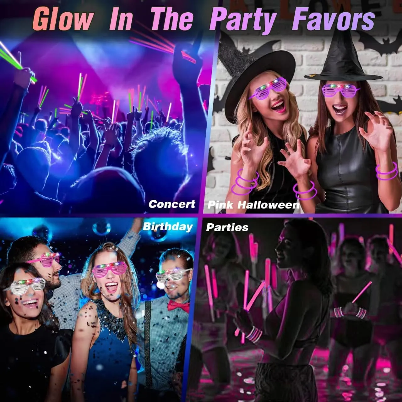 115 PCS Glow in the Dark Party Supplies,100PCS Purple Glow Stick Necklaces Bracelets Bulk,15PCS LED Glasses,LED Light Up Toy for Easter Mother's Day July 4th Valentine's Day Wedding