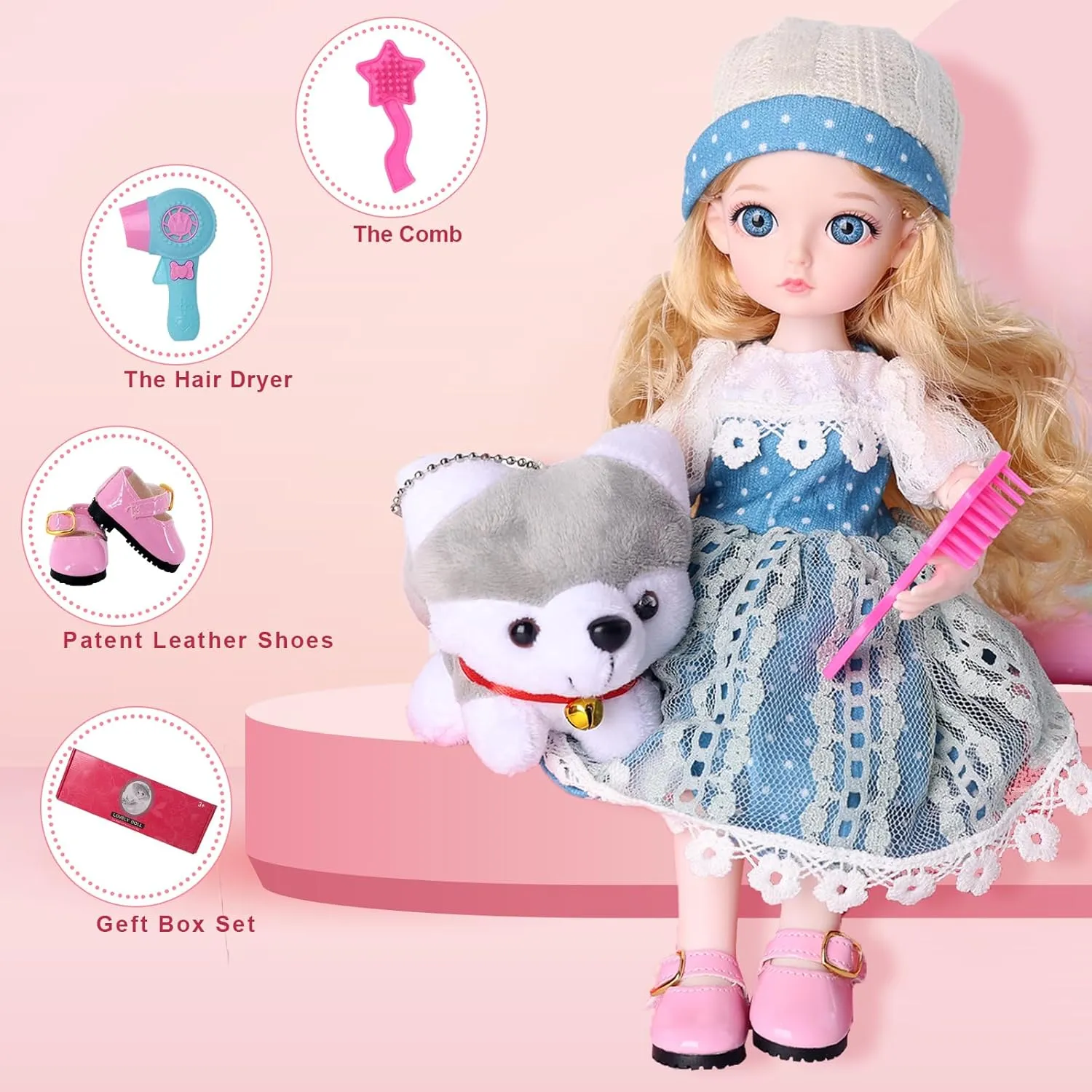 11" BJD Princess Girls Doll ,1/6 SD Fashion Dolls,Kawaii Ball Jointed Doll DIY Toys with Full Set Clothes Shiny Leather Shoes and Plush Pet, Best Gift for Girls for 3  Year-Olds (Selena)