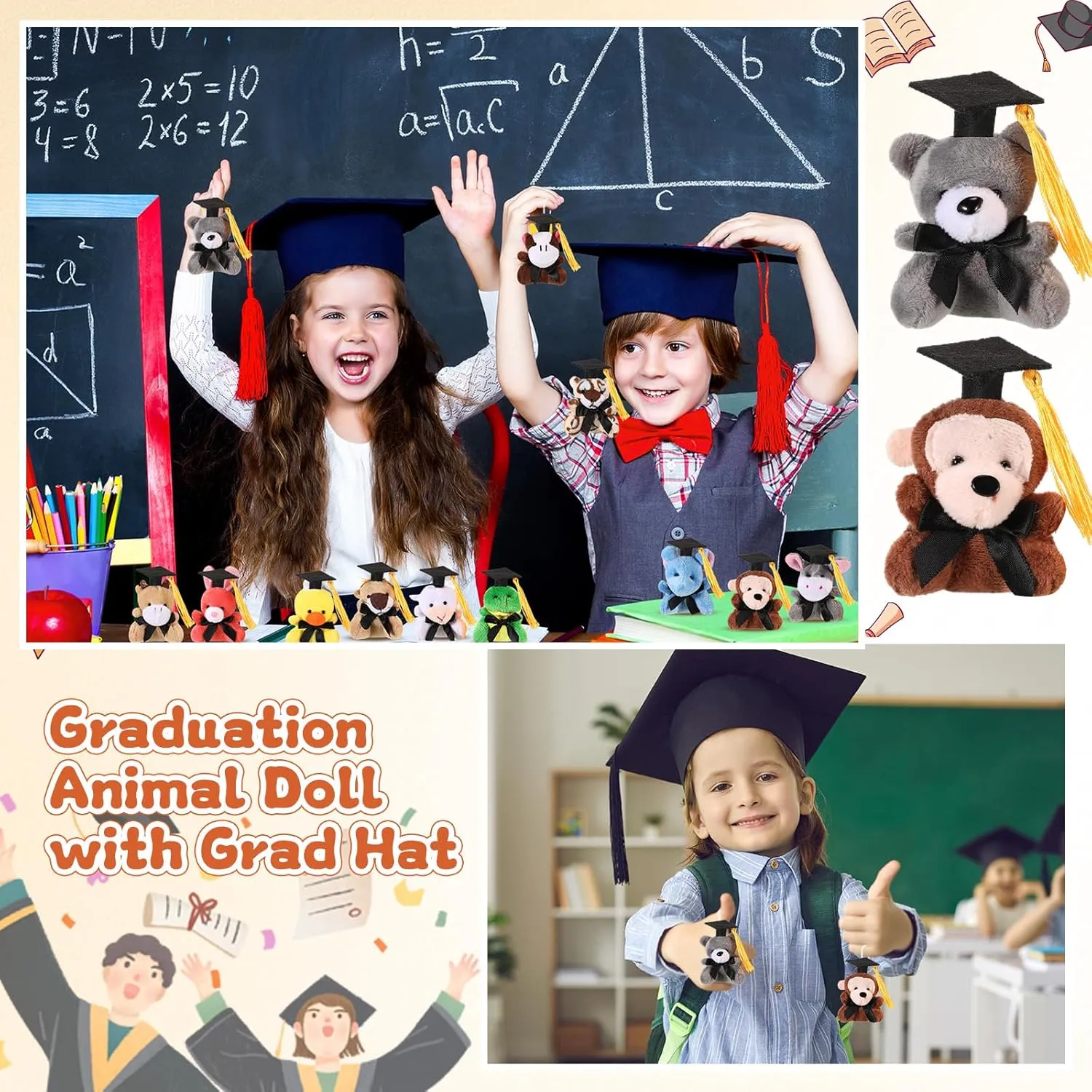 12 Pcs 2025 Grad Stuffed Animal Bulk Mini Graduation Plush Animal Toy with Cap Class of 2025 Stuffed Bear Keychain for Party Decoration Goodie Bag Filler Toy Carnival Prizes Exchange Gift
