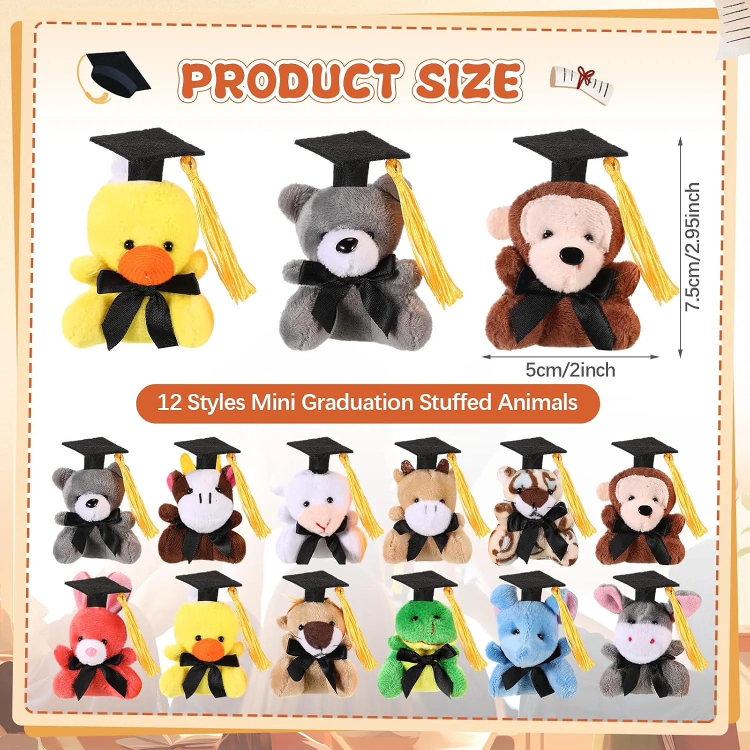 12 Pcs 2025 Grad Stuffed Animal Bulk Mini Graduation Plush Animal Toy with Cap Class of 2025 Stuffed Bear Keychain for Party Decoration Goodie Bag Filler Toy Carnival Prizes Exchange Gift