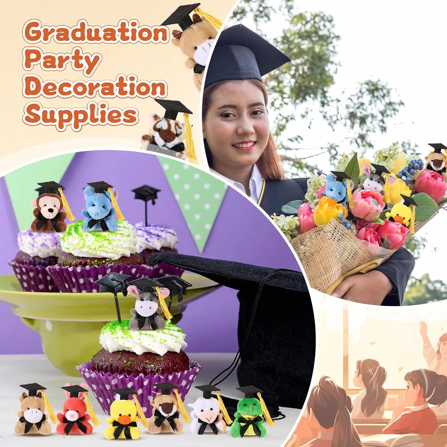12 Pcs 2025 Grad Stuffed Animal Bulk Mini Graduation Plush Animal Toy with Cap Class of 2025 Stuffed Bear Keychain for Party Decoration Goodie Bag Filler Toy Carnival Prizes Exchange Gift