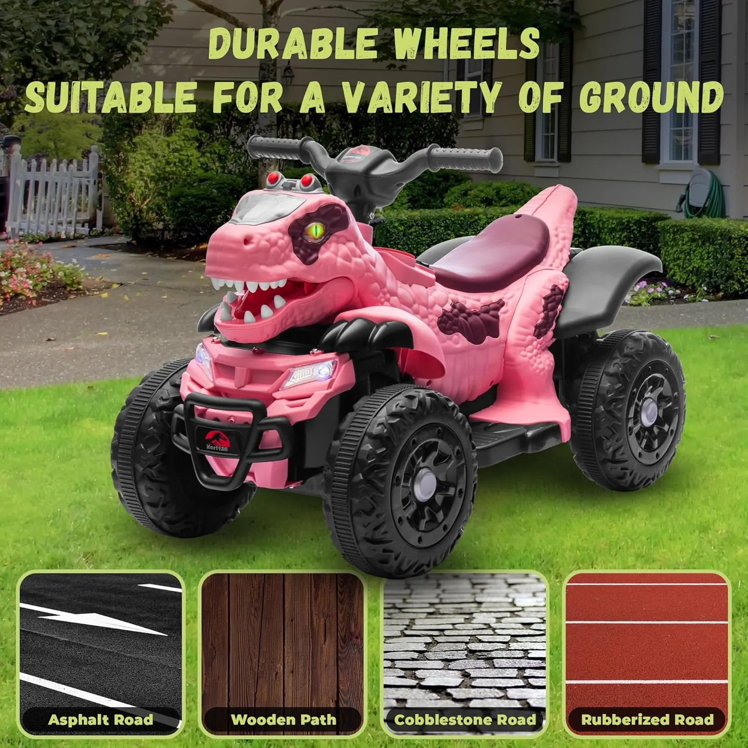 12V ATV Electric Ride on Car, Dinosaur Battery Electric Car for Kids with Music, Cool Light, Microphone Interface Kids Ride On Toy Triceratops Pink