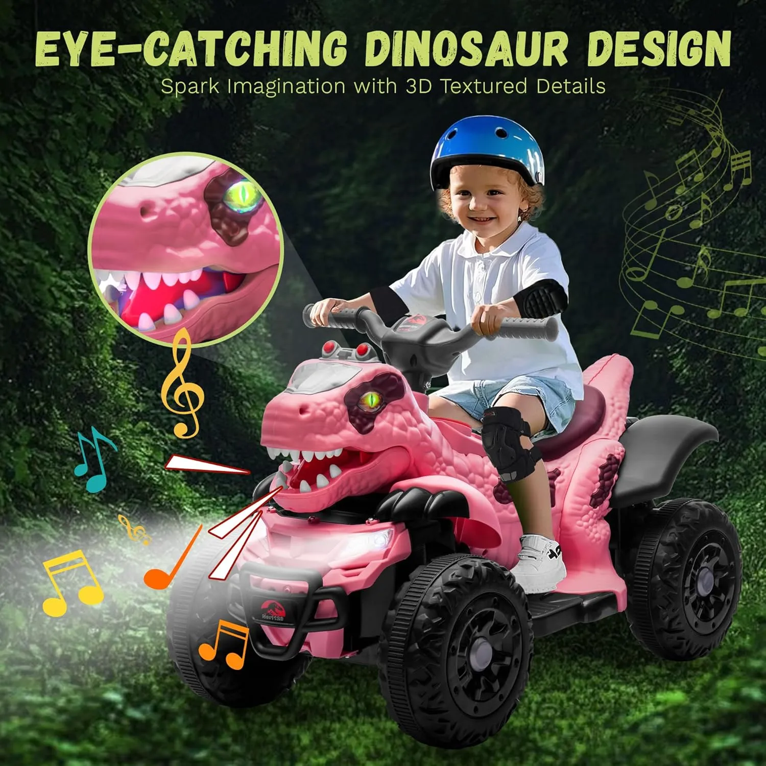 12V ATV Electric Ride on Car, Dinosaur Battery Electric Car for Kids with Music, Cool Light, Microphone Interface Kids Ride On Toy Triceratops Pink