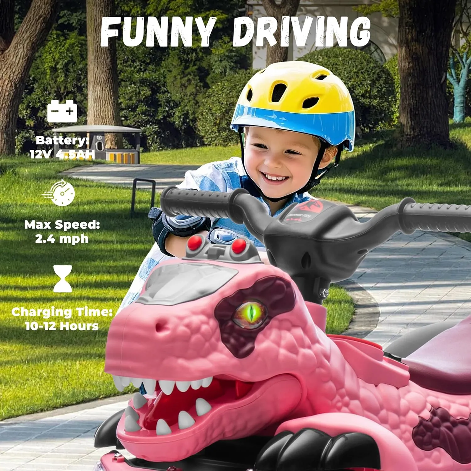 12V ATV Electric Ride on Car, Dinosaur Battery Electric Car for Kids with Music, Cool Light, Microphone Interface Kids Ride On Toy Triceratops Pink