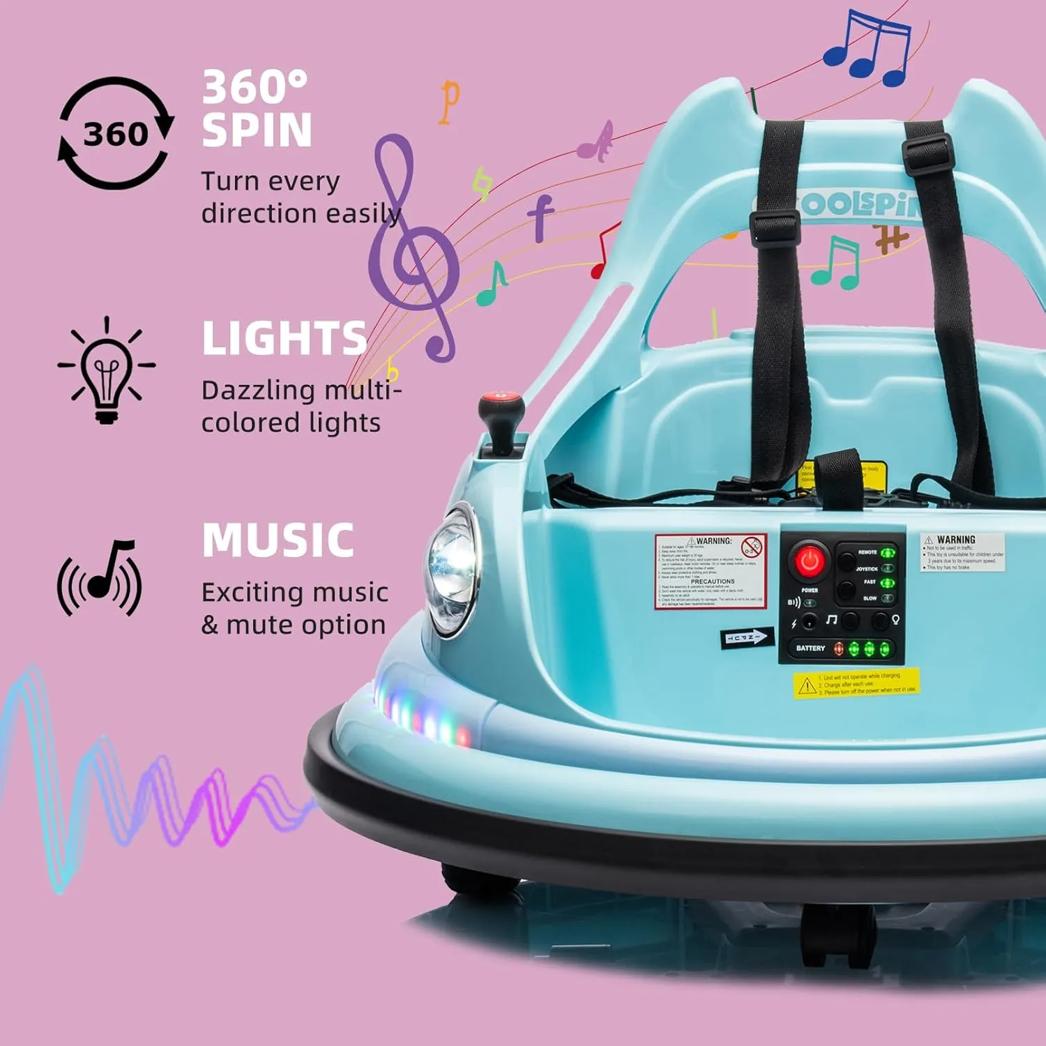 12V Bumper Car for Kids, Bumper Car for Toddlers W/Remote Control, Electric Ride On Car with LED Lights & 360 Degree Spin, Bluetooth, Anti-Collision Padding, Safety Belt, DIY Stickers,Blue