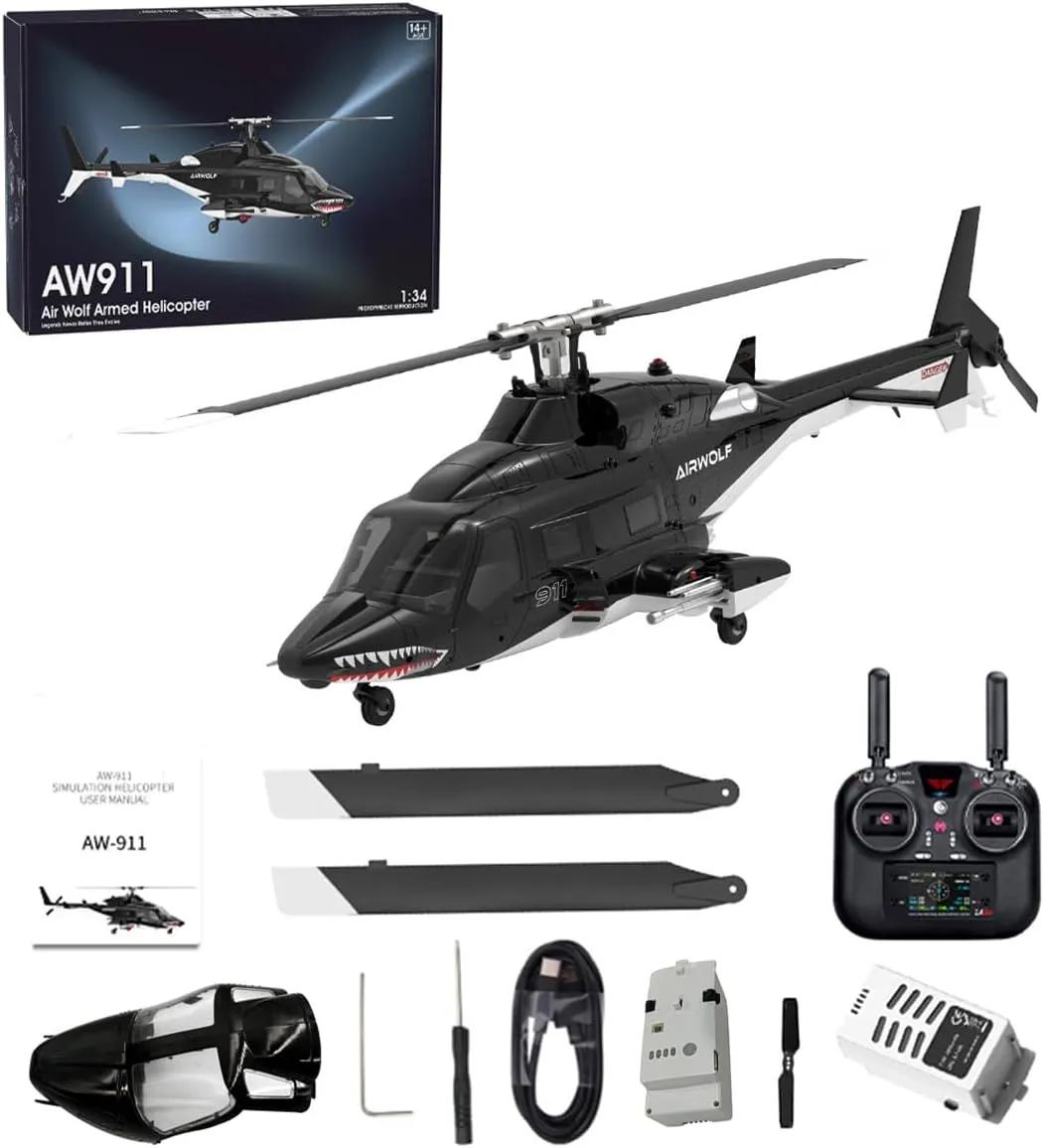 1/34 AW-911 RC Helicopter with GPS Positioning Nose Accessories, 2.4G 9CH Flybarless 6G/3D Stunt Military Remote Control Helicopter for Adults, RC Aircraft Toy Gift -RTF