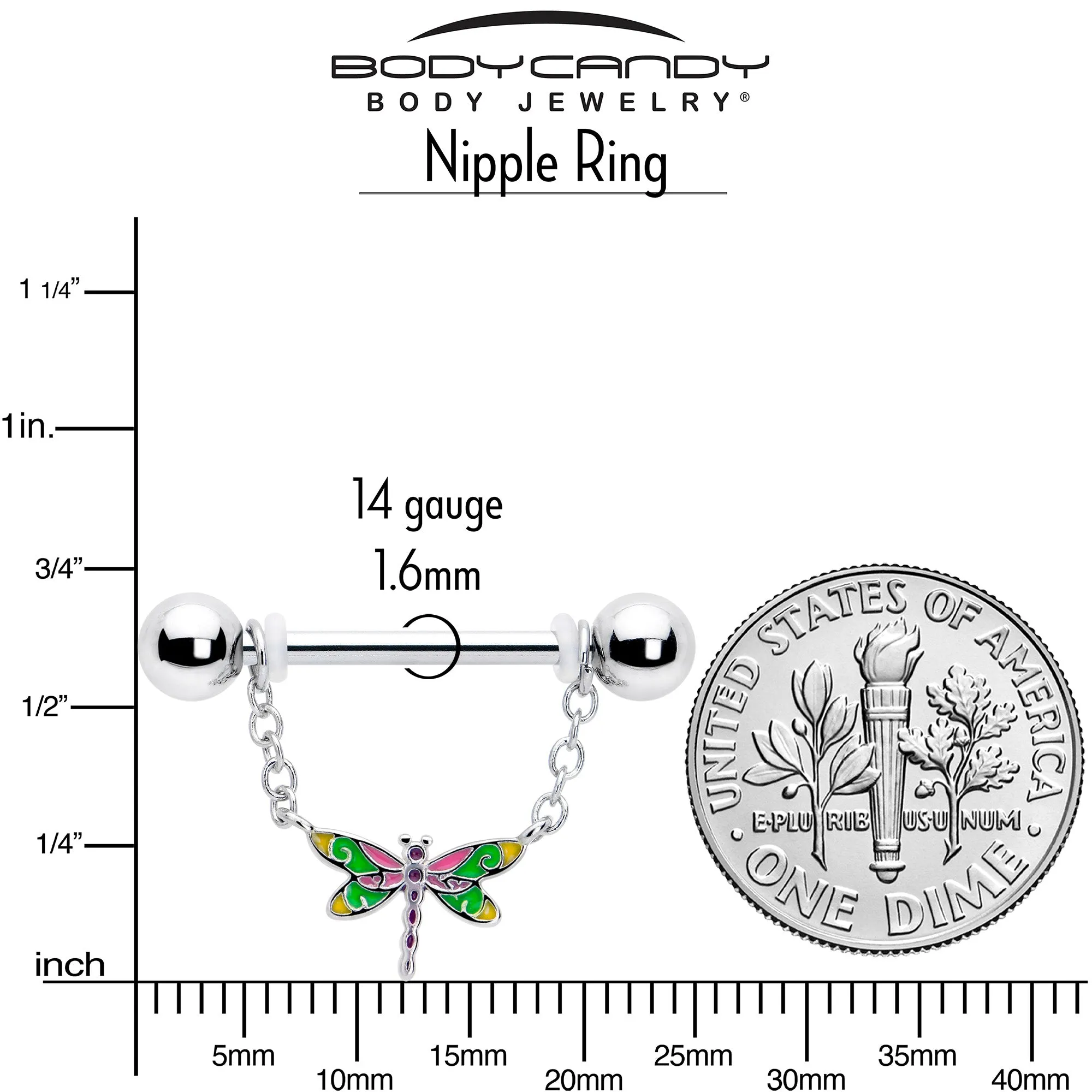 14 Gauge 9/16 Dragonfly Colors Chain Dangle Nipple Ring Set
