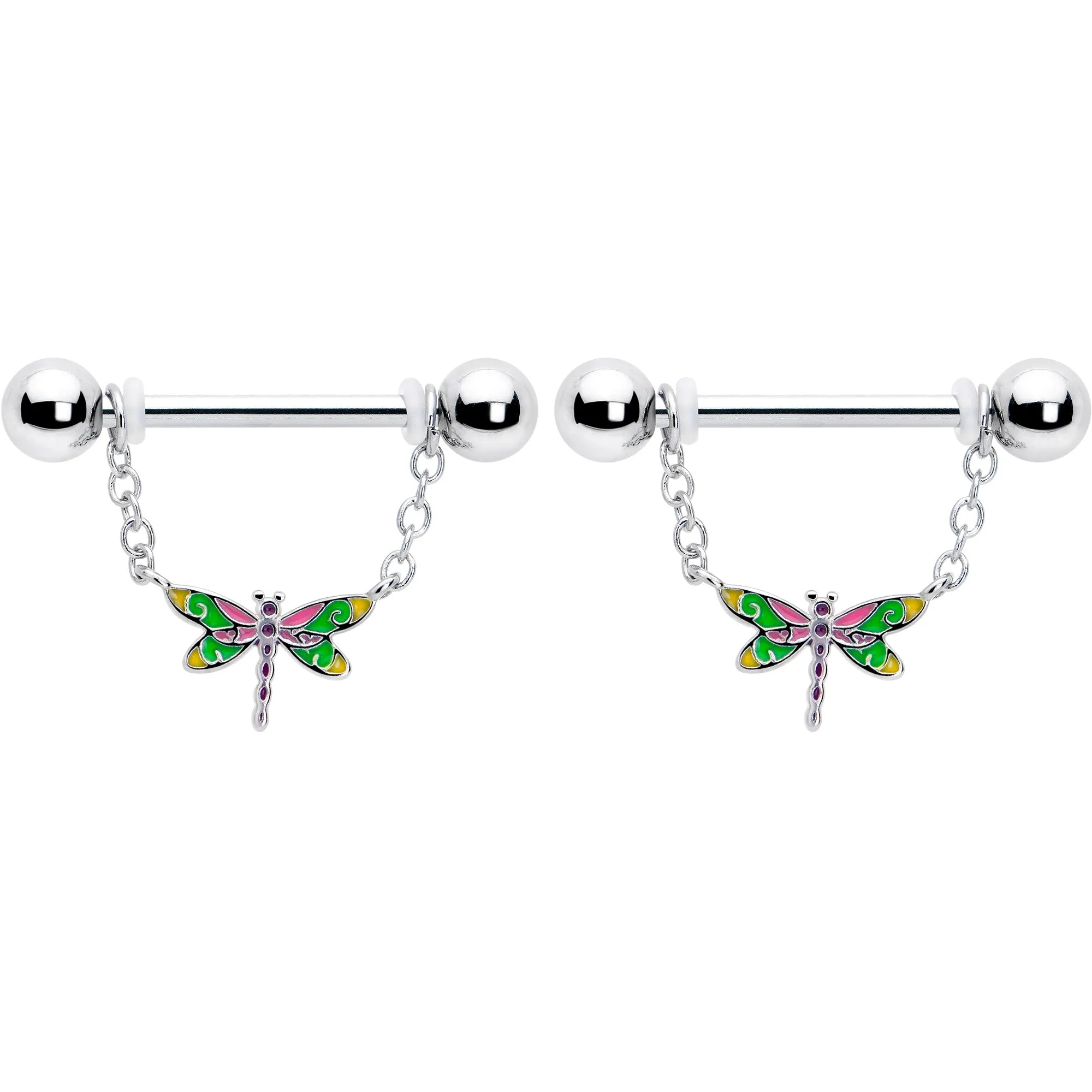 14 Gauge 9/16 Dragonfly Colors Chain Dangle Nipple Ring Set