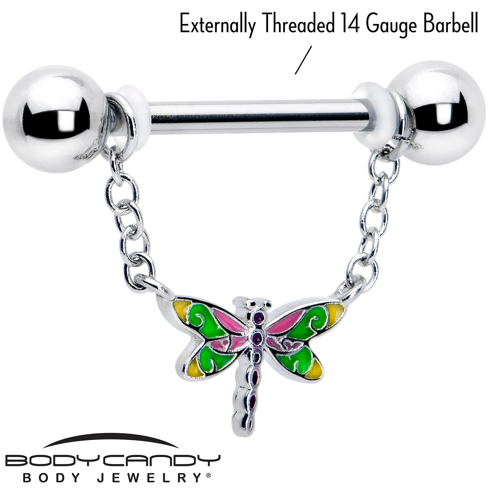14 Gauge 9/16 Dragonfly Colors Chain Dangle Nipple Ring Set