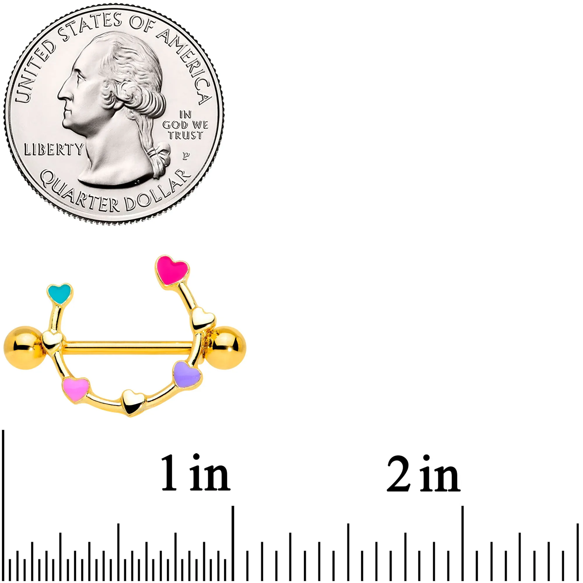 14 Gauge 9/16 Gold Tone Little Rainbow Hearts Nipple Shield Set