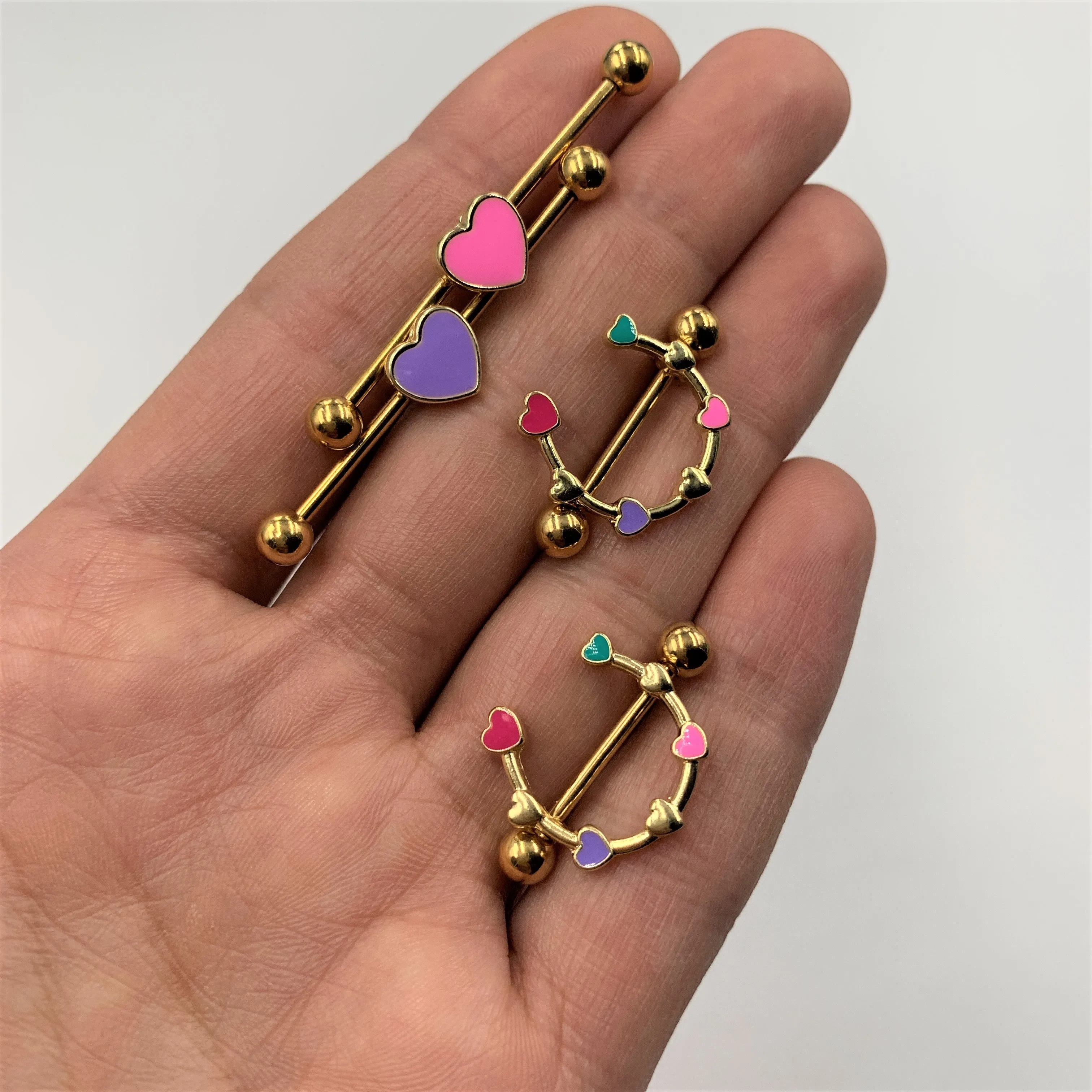 14 Gauge 9/16 Gold Tone Little Rainbow Hearts Nipple Shield Set