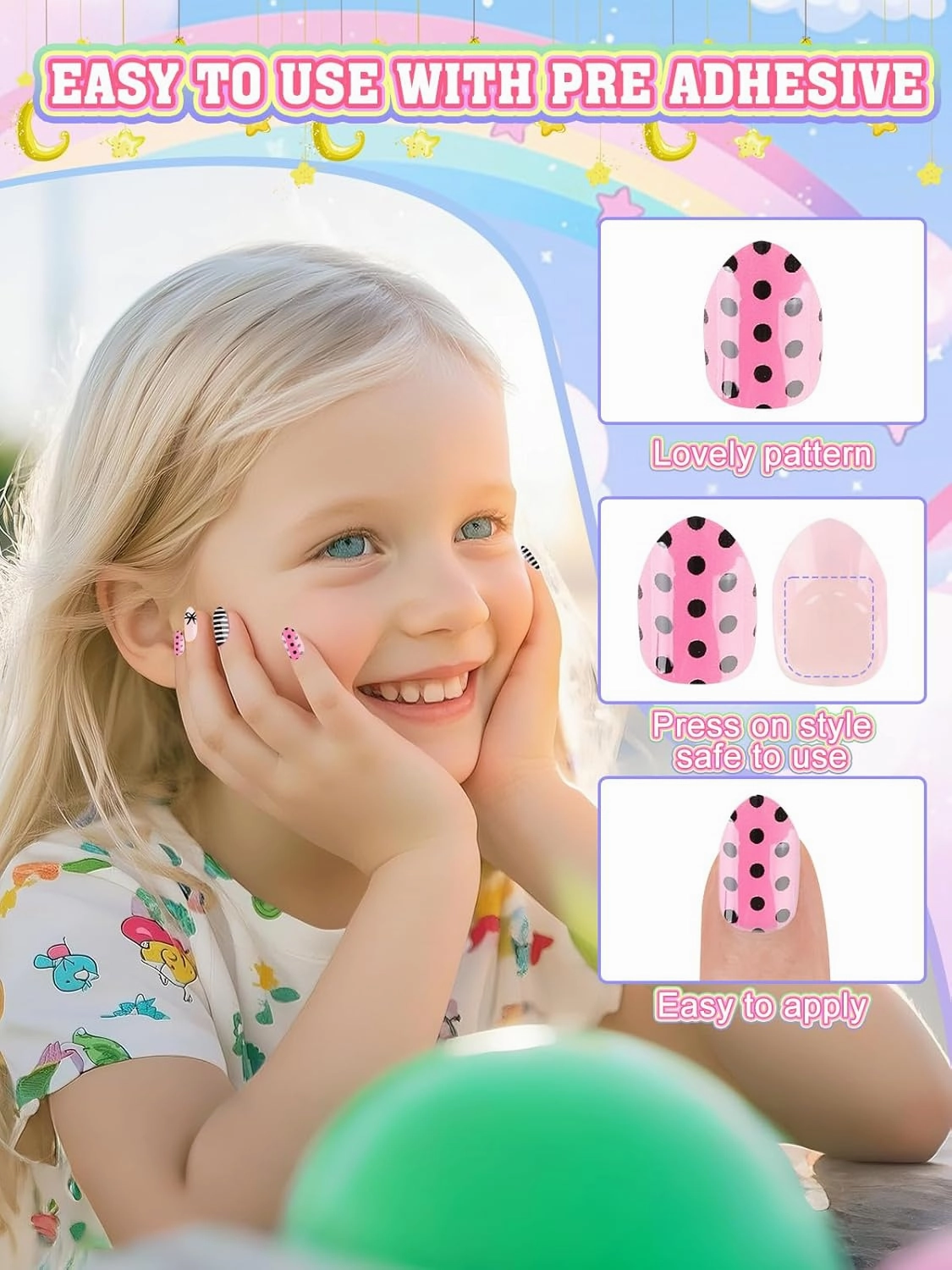 144 Pieces Press on Nails for Kids, EBANKU 6 Pack Kid Fake Nail Cute Colorful Press on Nails for Girls 5-12 Years with Pre- Adhesives