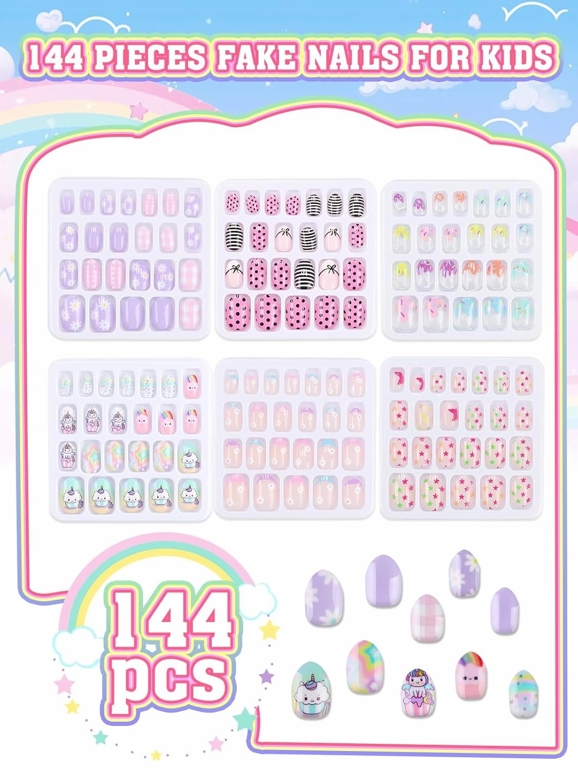 144 Pieces Press on Nails for Kids, EBANKU 6 Pack Kid Fake Nail Cute Colorful Press on Nails for Girls 5-12 Years with Pre- Adhesives