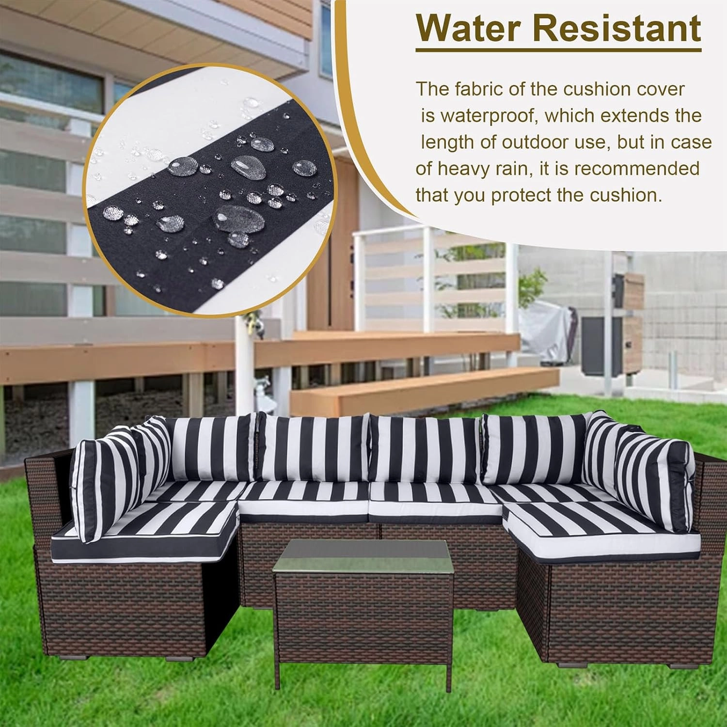 14 Piece Outdoor Patio Cushion Cover Replacement, Waterproof Patio Cushion Covers, Outdoor Furniture Cushion Covers Set for 6 Seat Wicker Rattan Sofa (Balck White Striped, 25.6 * 25.6 * 4 inch)