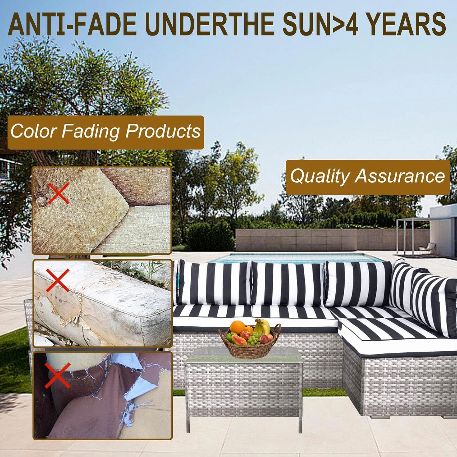 14 Piece Outdoor Patio Cushion Cover Replacement, Waterproof Patio Cushion Covers, Outdoor Furniture Cushion Covers Set for 6 Seat Wicker Rattan Sofa (Balck White Striped, 25.6 * 25.6 * 4 inch)