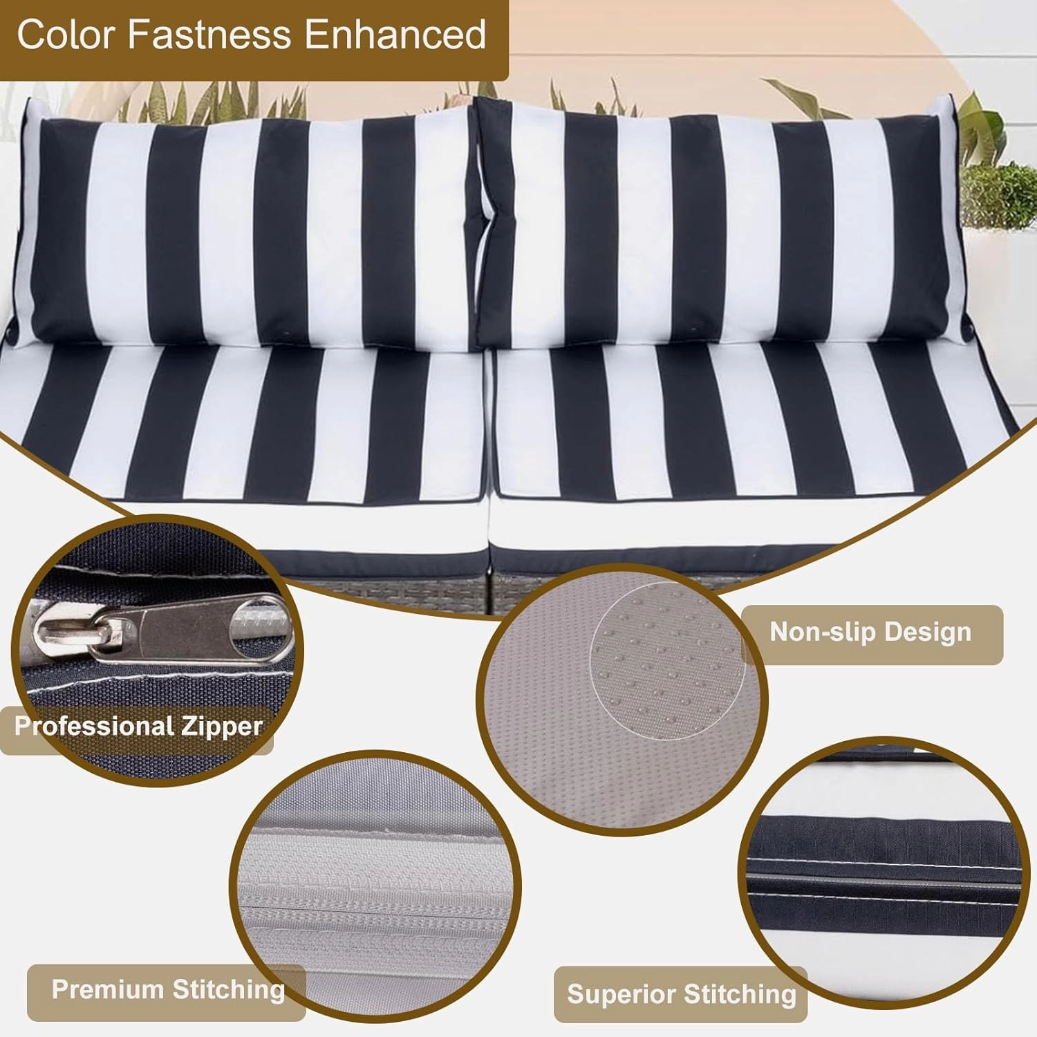 14 Piece Outdoor Patio Cushion Cover Replacement, Waterproof Patio Cushion Covers, Outdoor Furniture Cushion Covers Set for 6 Seat Wicker Rattan Sofa (Balck White Striped, 25.6 * 25.6 * 4 inch)
