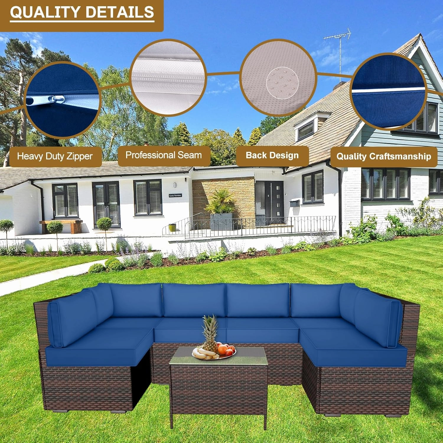 14 Piece Outdoor Patio Cushion Cover Replacement, Waterproof Patio Cushion Covers, Outdoor Furniture Cushion Covers Set for 6 Seat Wicker Rattan Sofa (Blue with White Border, 25.6 * 25.6 * 4 inch)
