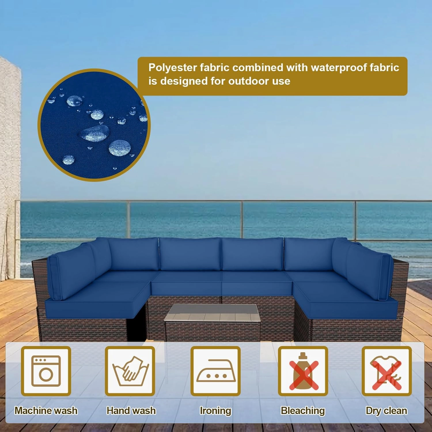 14 Piece Outdoor Patio Cushion Cover Replacement, Waterproof Patio Cushion Covers, Outdoor Furniture Cushion Covers Set for 6 Seat Wicker Rattan Sofa (Blue with White Border, 25.6 * 25.6 * 4 inch)