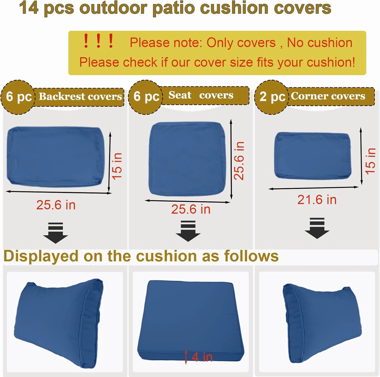 14 Piece Outdoor Patio Cushion Cover Replacement, Waterproof Patio Cushion Covers, Outdoor Furniture Cushion Covers Set for 6 Seat Wicker Rattan Sofa (Blue with White Border, 25.6 * 25.6 * 4 inch)