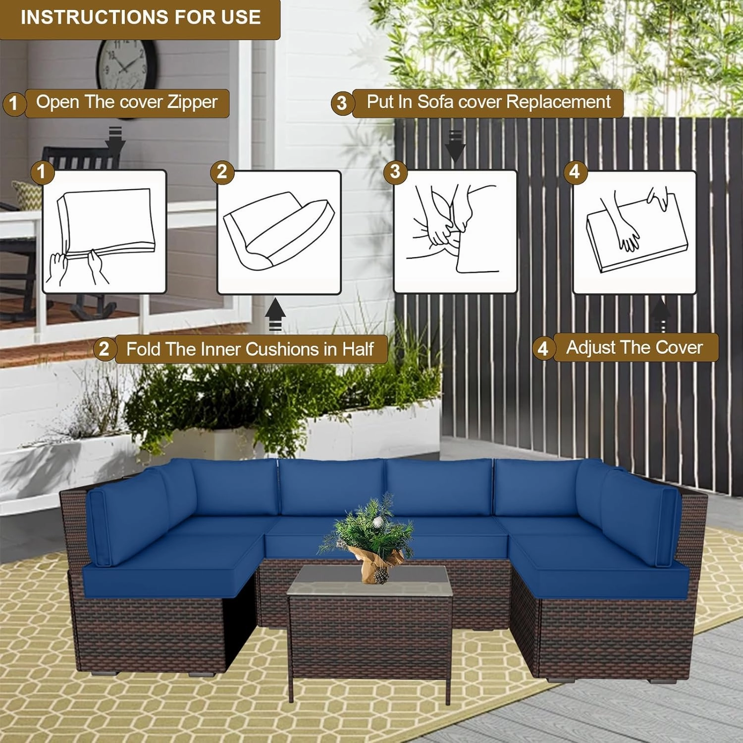 14 Piece Outdoor Patio Cushion Cover Replacement, Waterproof Patio Cushion Covers, Outdoor Furniture Cushion Covers Set for 6 Seat Wicker Rattan Sofa (Blue with White Border, 25.6 * 25.6 * 4 inch)