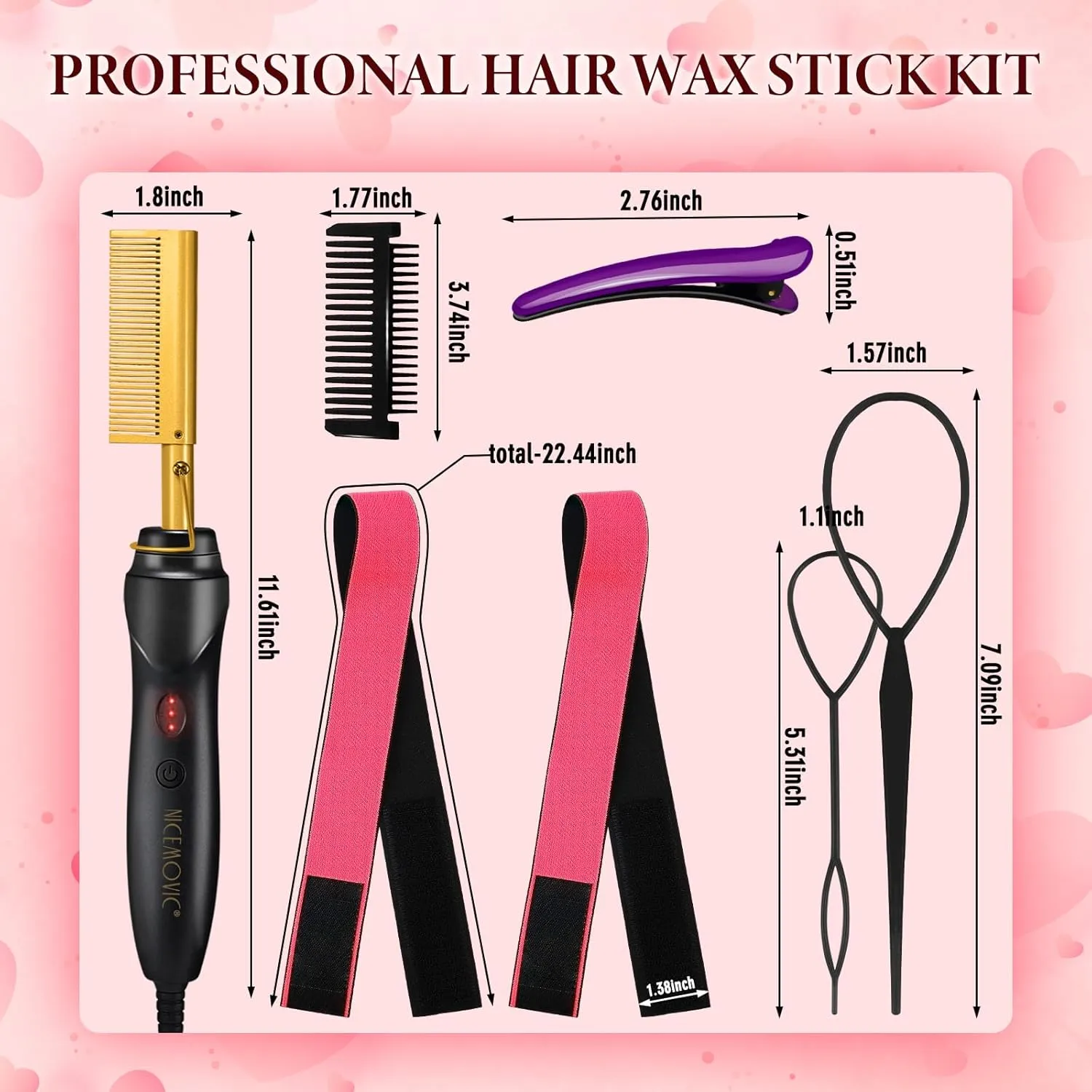 15 Pcs Hot Comb Set, Electrical Straightening Comb Curling Iron, Hair Wax Stick Set for Flyaways, Edge Brush, Rat Tail Combs for Parting, Braid Ponytail Maker, Lace Melting Bands, Salon Styling Clips