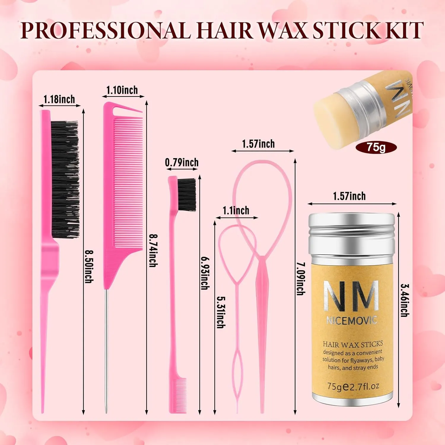 15 Pcs Hot Comb Set, Electrical Straightening Comb Curling Iron, Hair Wax Stick Set for Flyaways, Edge Brush, Rat Tail Combs for Parting, Braid Ponytail Maker, Lace Melting Bands, Salon Styling Clips